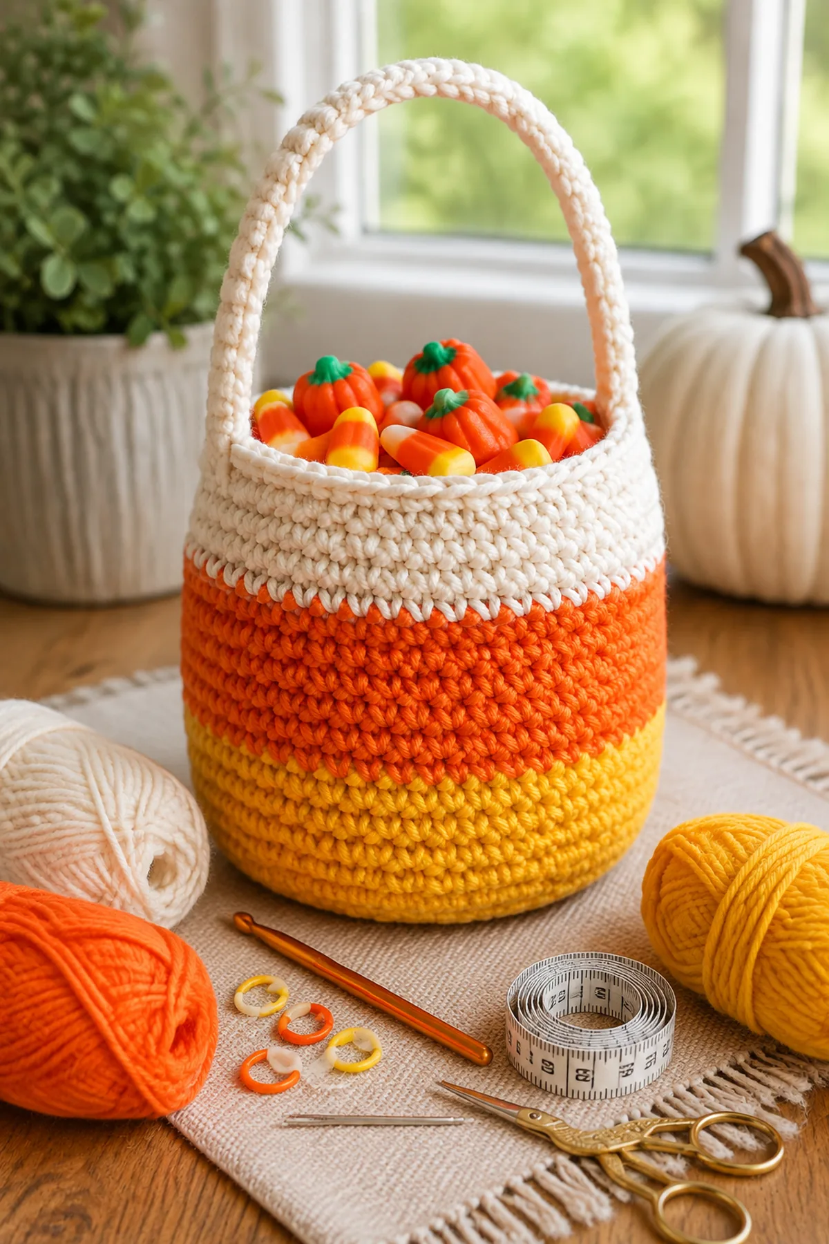 Yarn, crochet hook, stitch markers, yarn needle, tape measure, and scissors for easy crochet candy corn treat basket