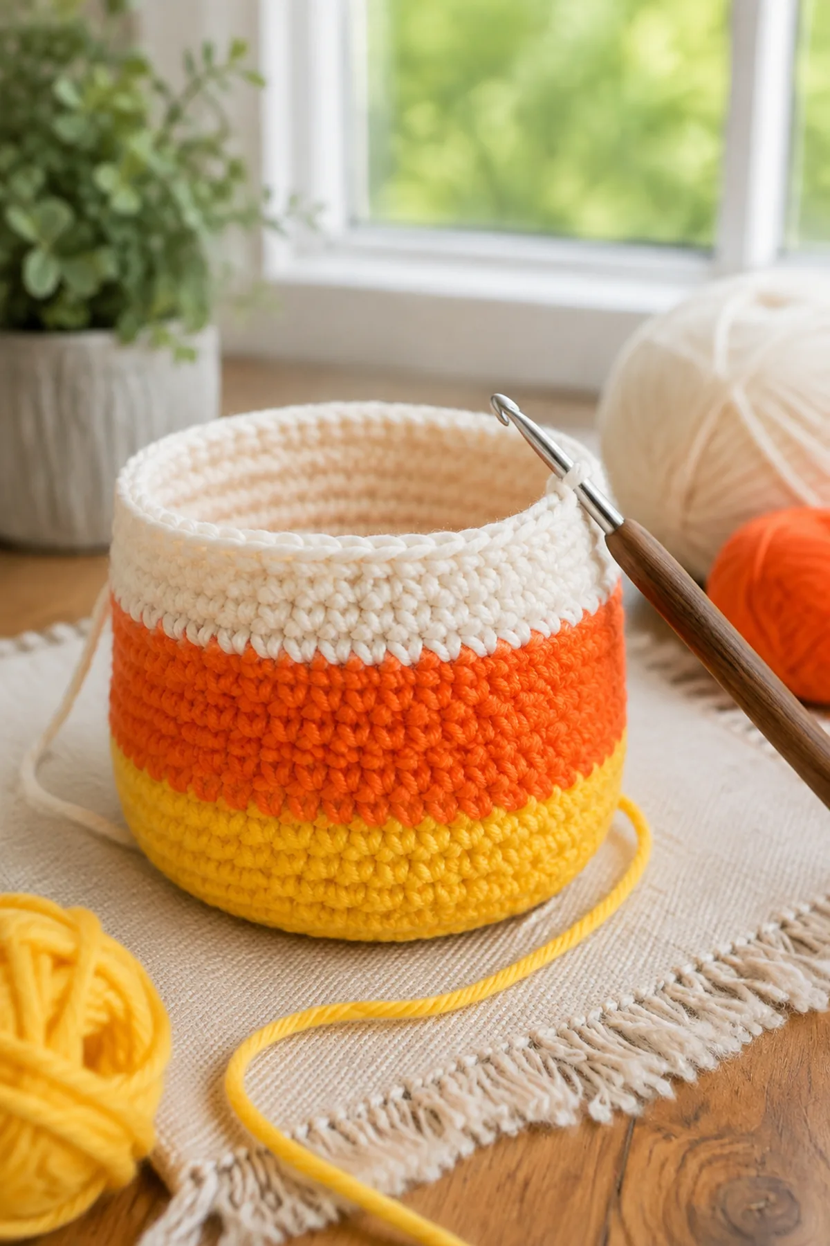 Early crochet construction stage for easy crochet candy corn treat basket with working yarn and hook