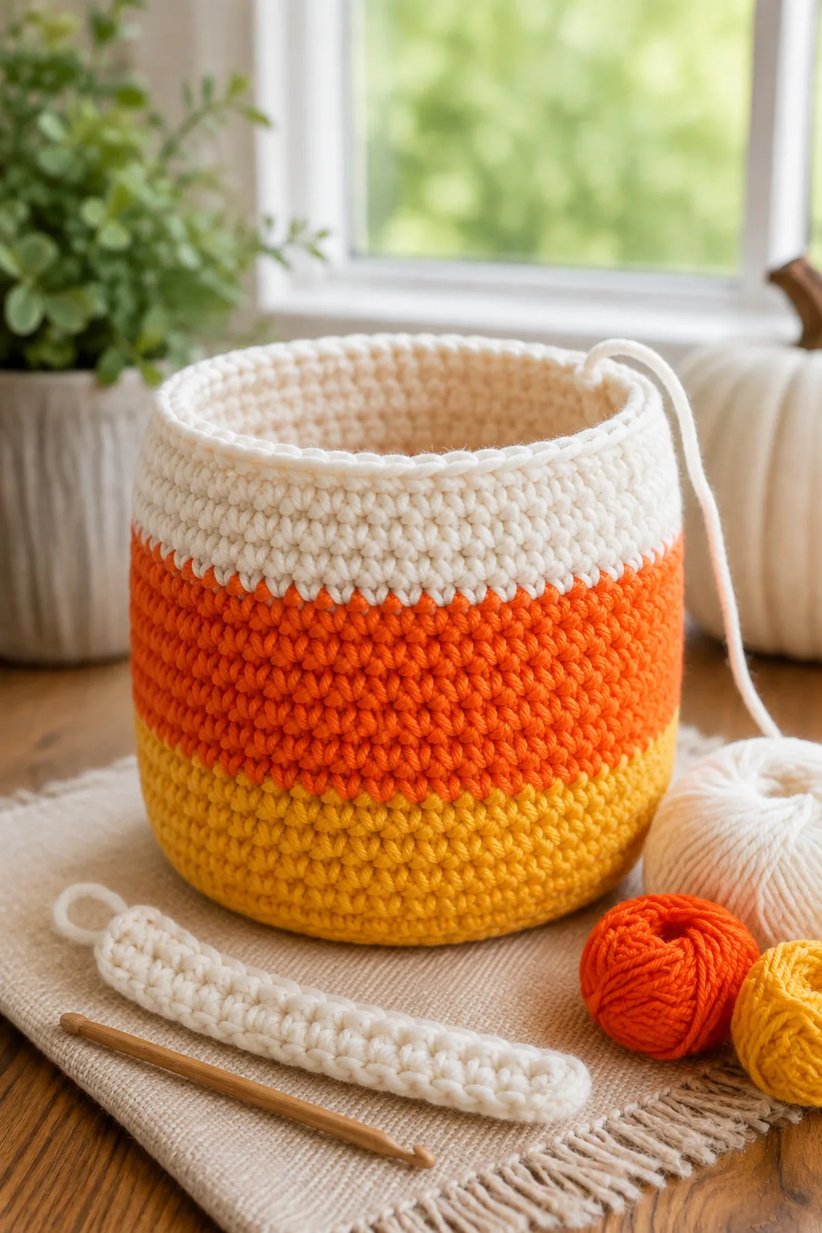 Mid-process crochet construction and shaping for easy crochet candy corn treat basket