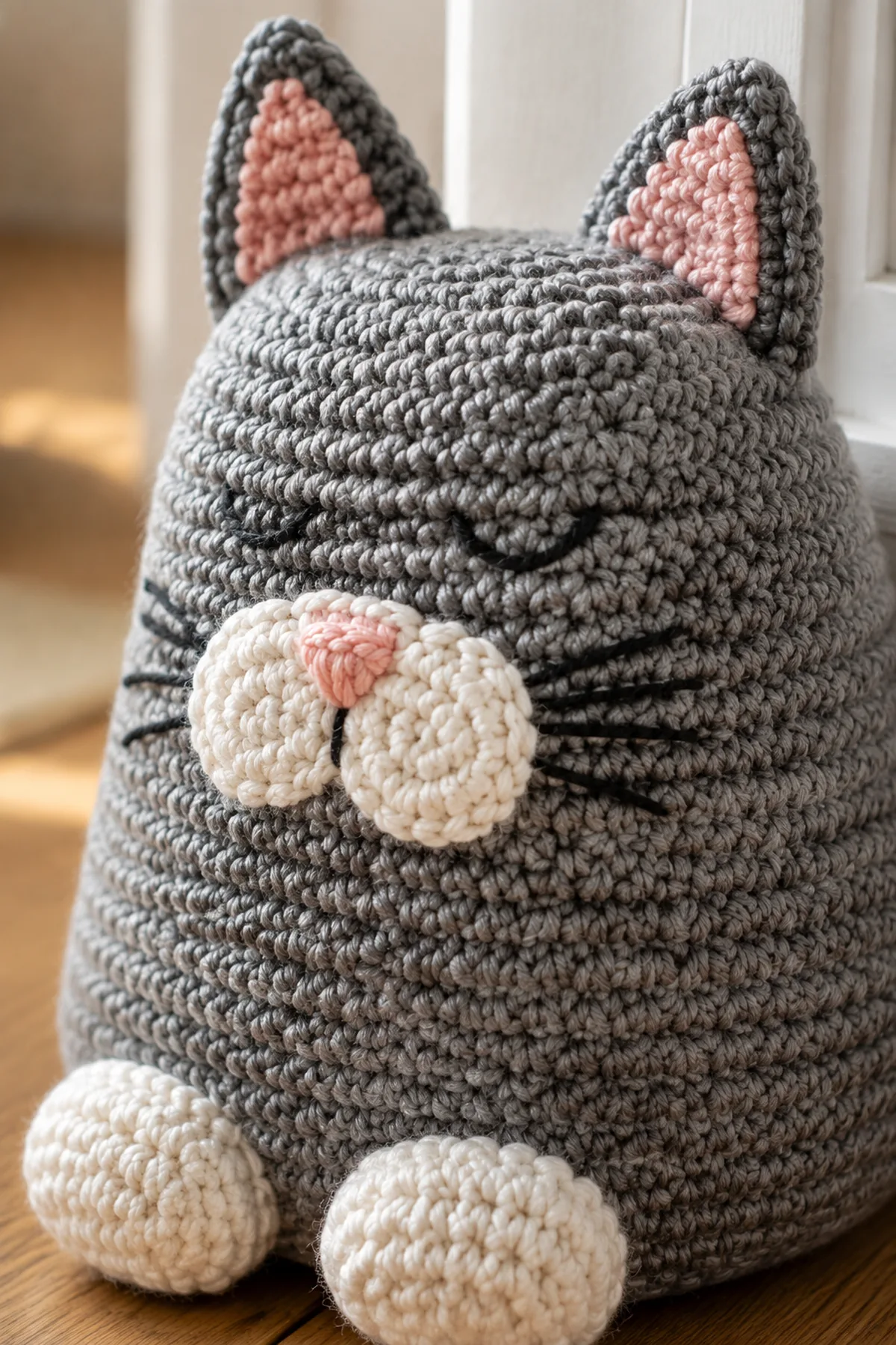 Close-up of the stitch texture and finishing details on easy crochet cat-shaped doorstop