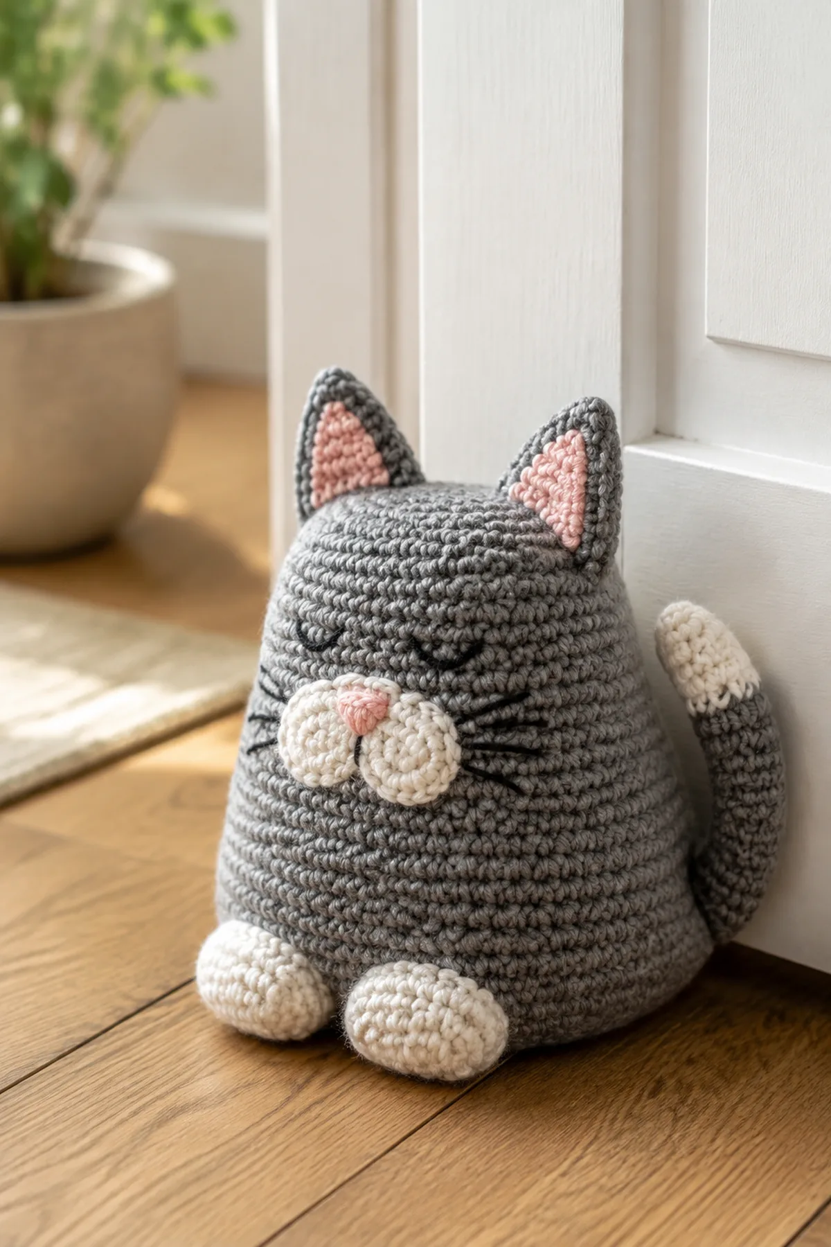 Finished easy crochet cat-shaped doorstop displayed with a clean handmade finish