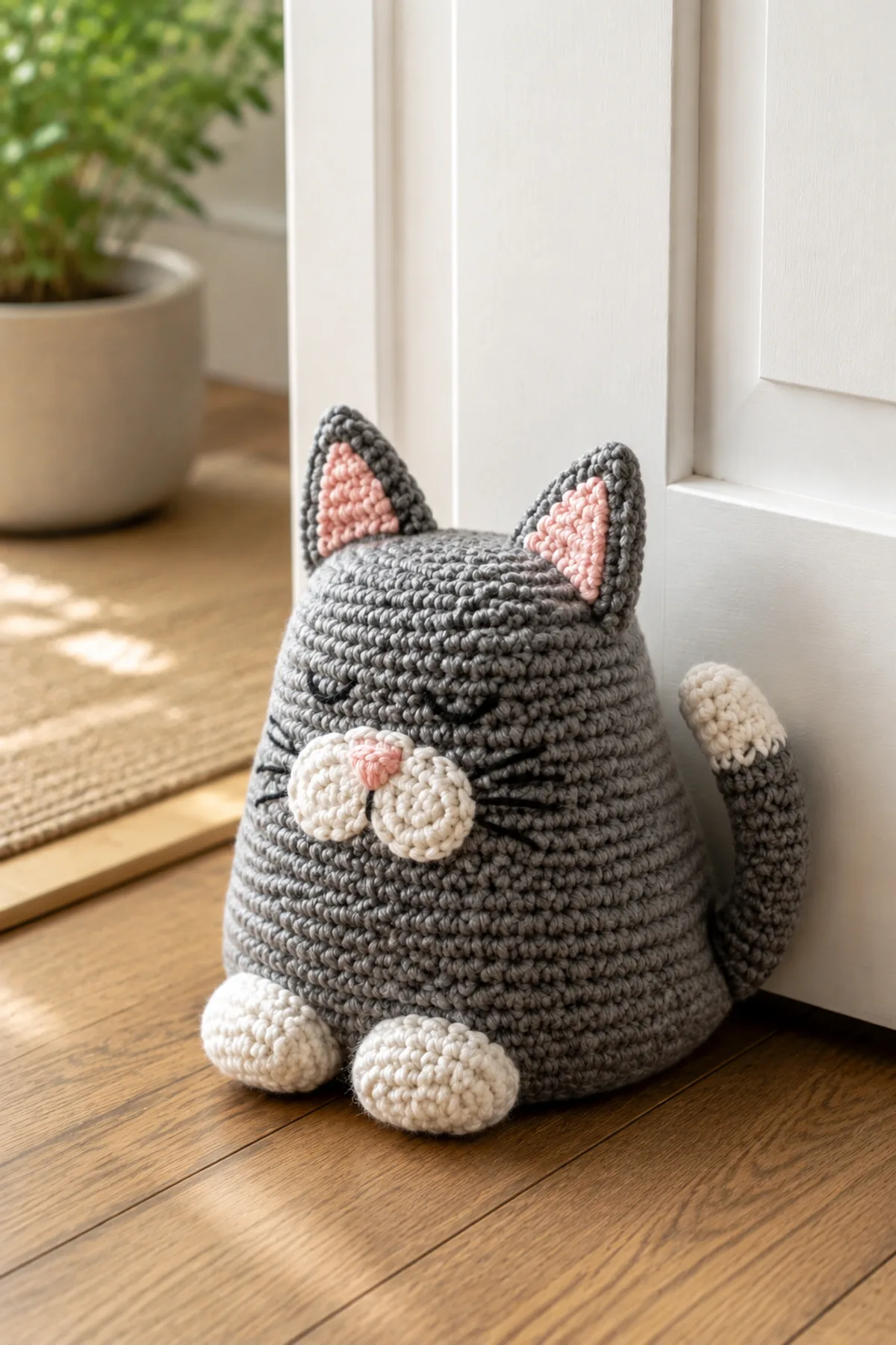 Finished easy crochet cat-shaped doorstop styled in a bright natural setting