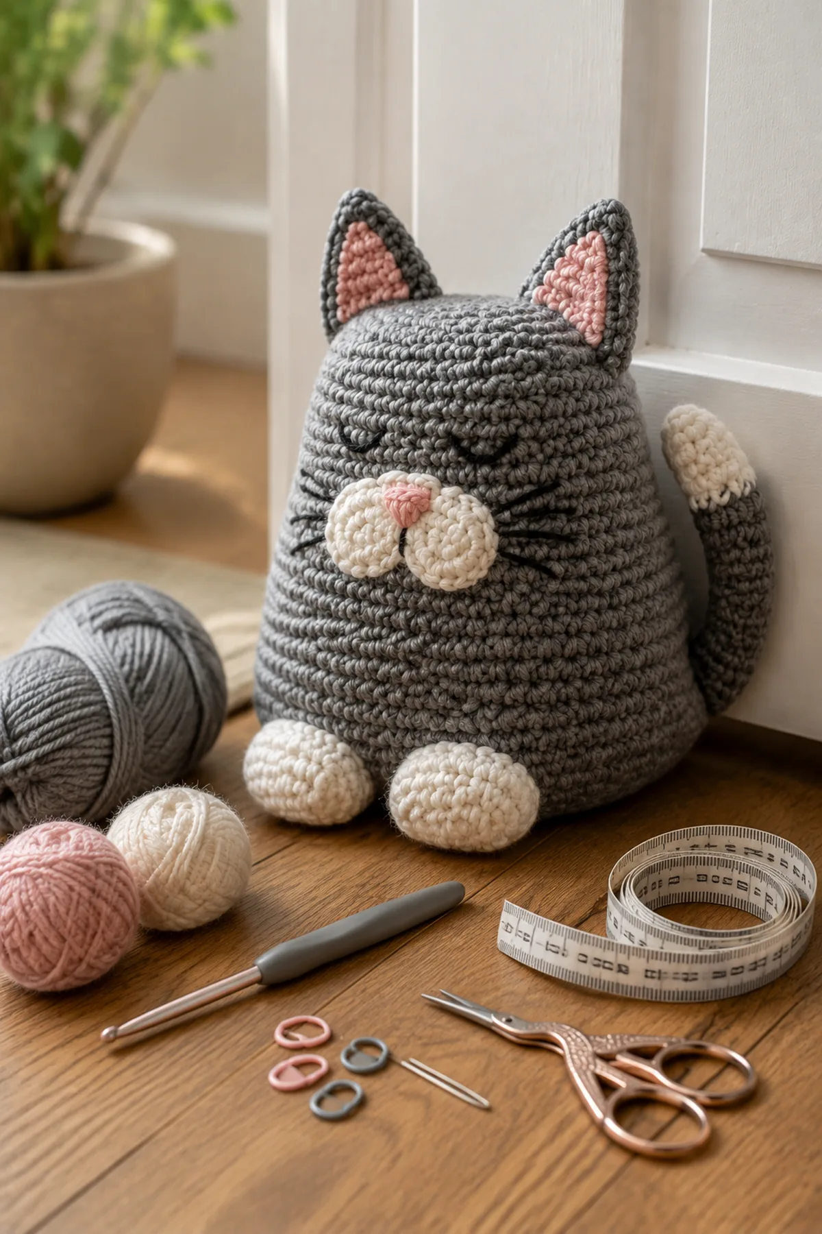 Yarn, crochet hook, stitch markers, yarn needle, tape measure, and scissors for easy crochet cat-shaped doorstop