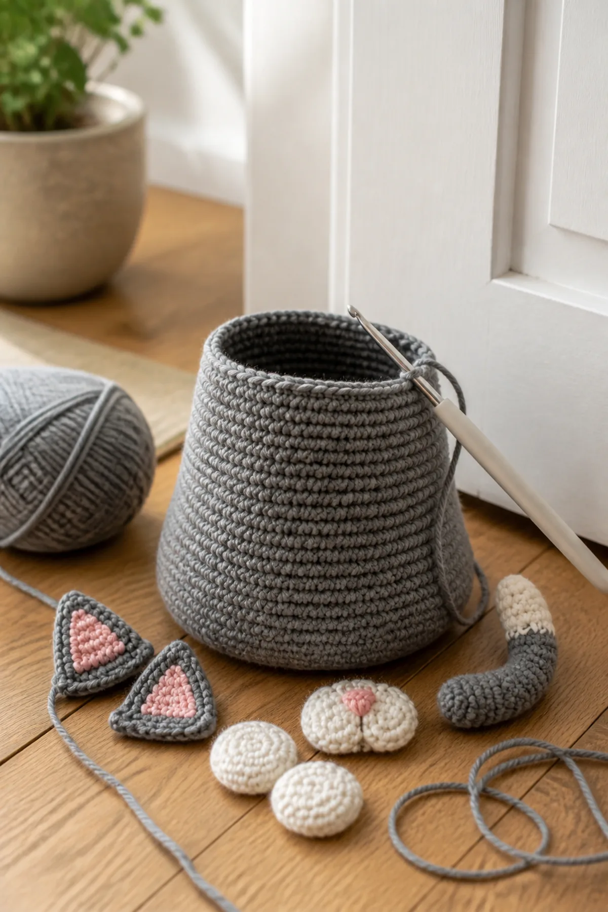 Early crochet construction stage for easy crochet cat-shaped doorstop with working yarn and hook