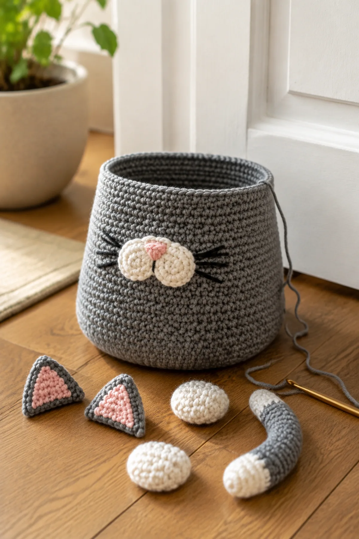 Mid-process crochet construction and shaping for easy crochet cat-shaped doorstop