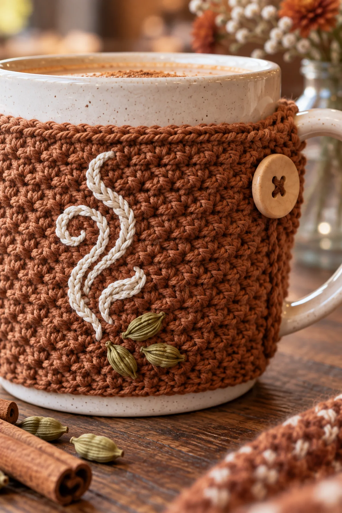 Close-up of lemon peel stitches cream chai steam swirl cardamom embroidery and button