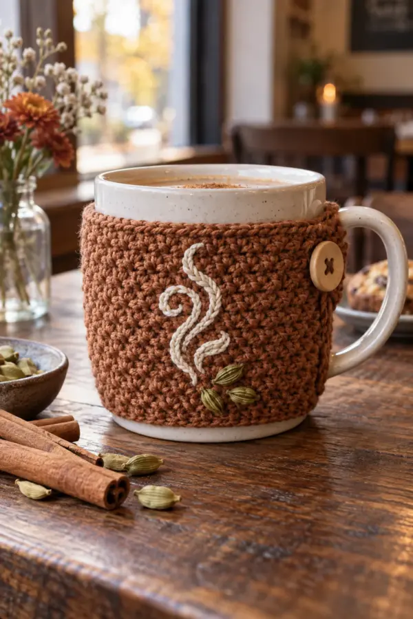 Finished cinnamon crochet chai tea cup cozy with cream steam swirl and wooden button