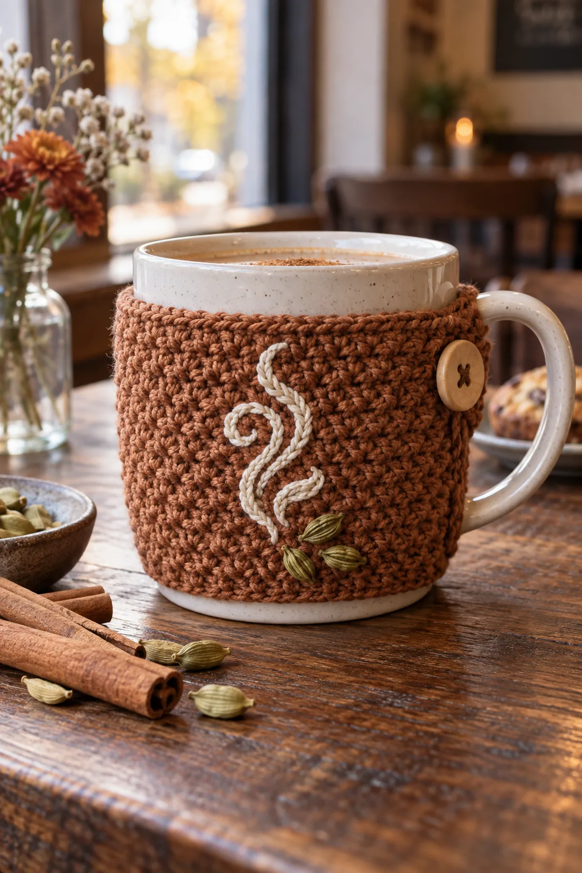 Finished cinnamon crochet chai tea cup cozy with cream steam swirl and wooden button