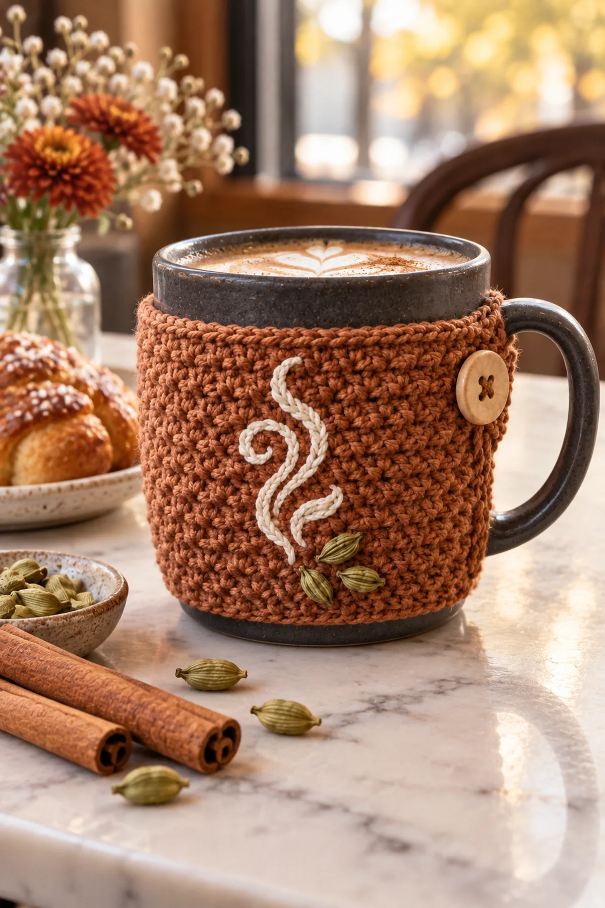 Crochet chai tea cup cozy wrapped around a ceramic mug beside cinnamon sticks
