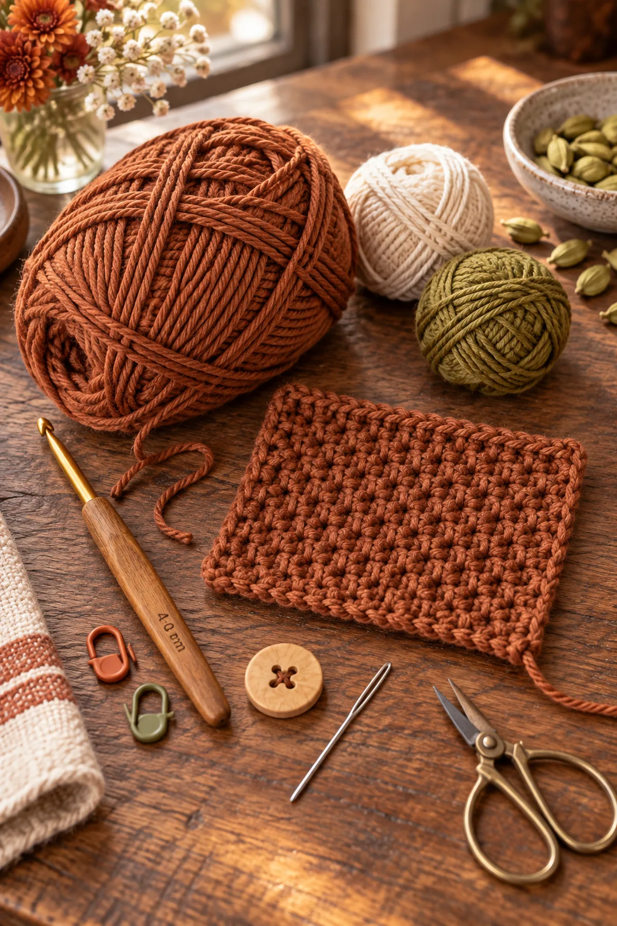 Cinnamon cream and olive cotton yarn crochet hook markers wooden button needle and scissors