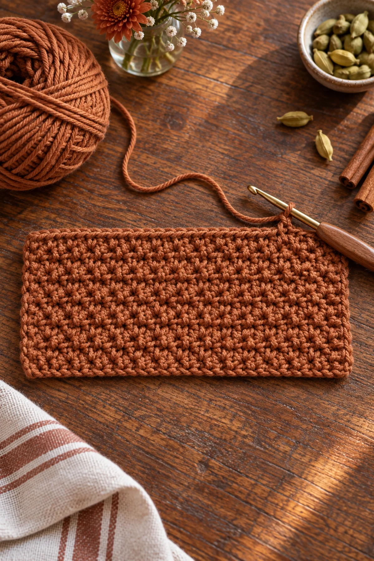 Cinnamon 32 stitch cup cozy panel with first lemon peel texture rows
