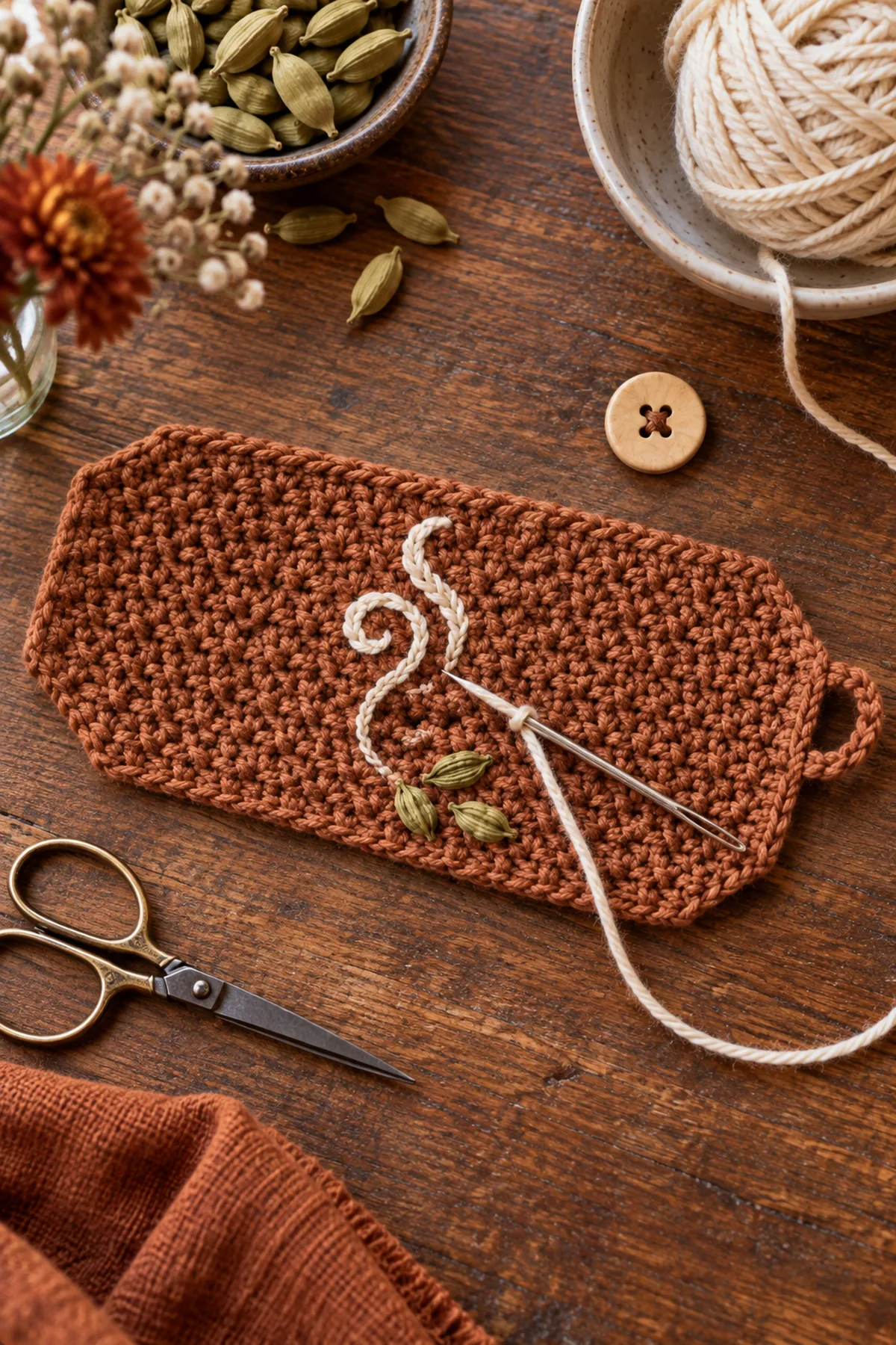 Tapered crochet cup cozy body with button loop before embroidery