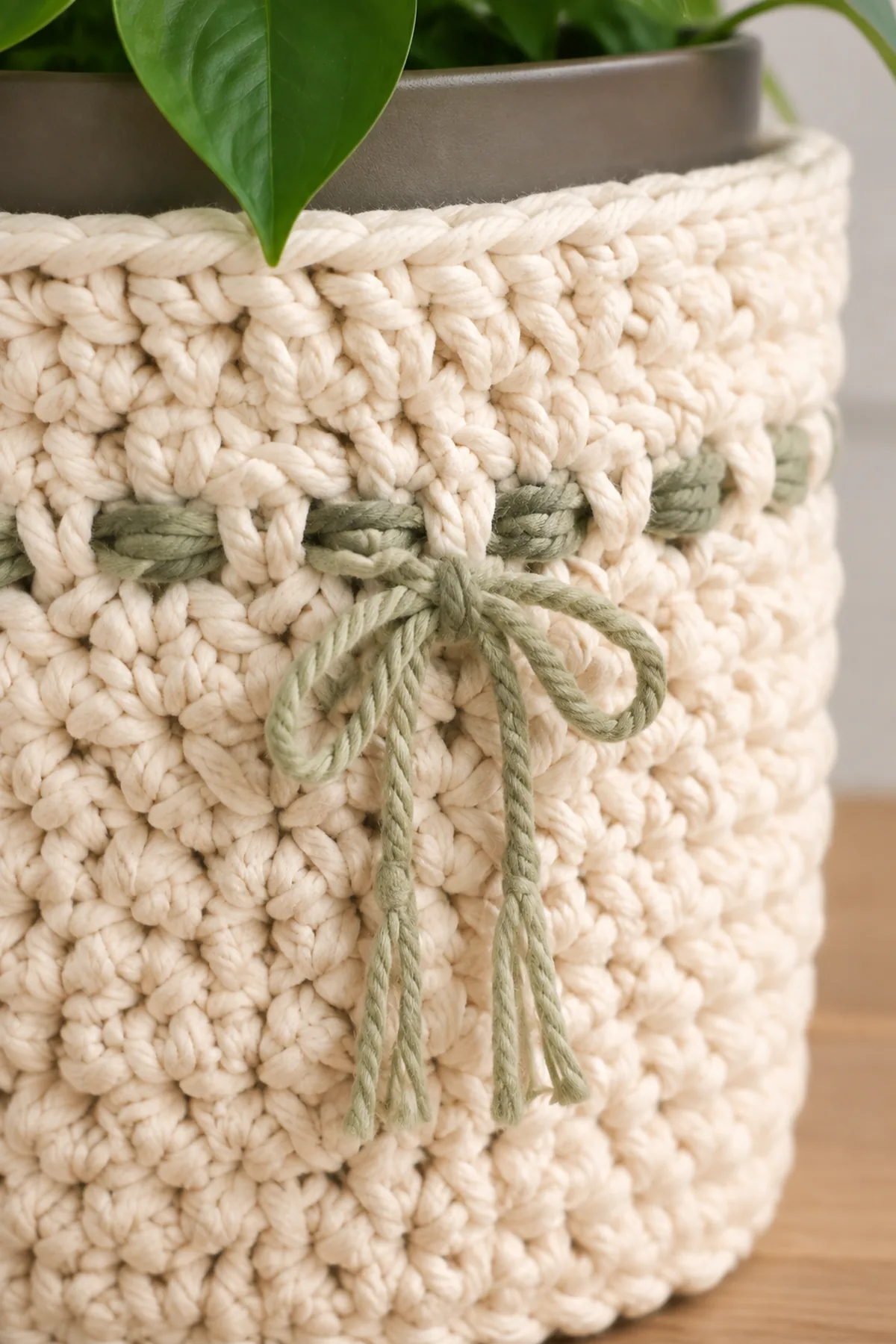 Close-up of the stitch texture and finishing details on easy crochet chunky plant pot cover for beginners
