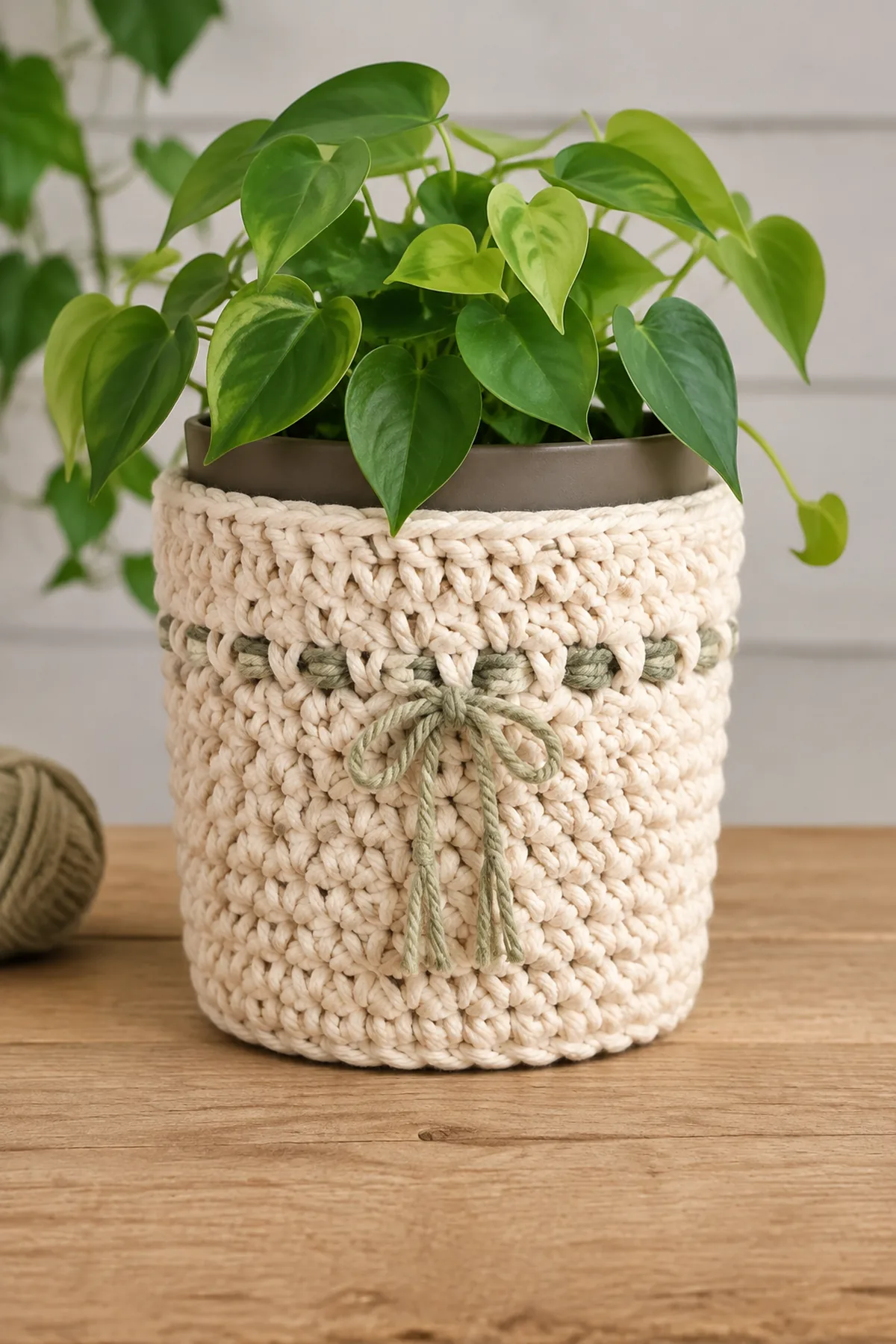Finished easy crochet chunky plant pot cover for beginners displayed with a clean handmade finish