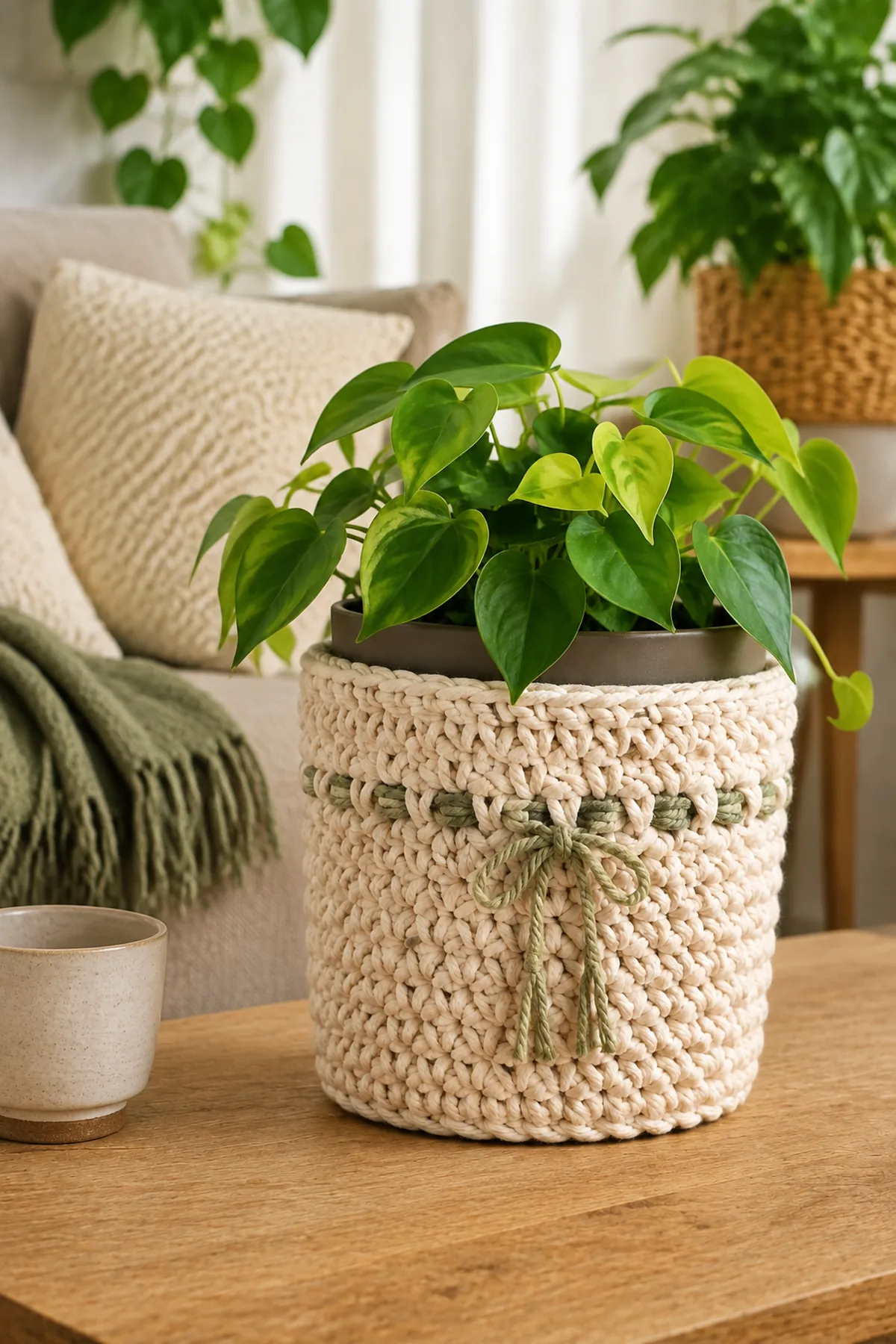Finished easy crochet chunky plant pot cover for beginners styled in a bright natural setting