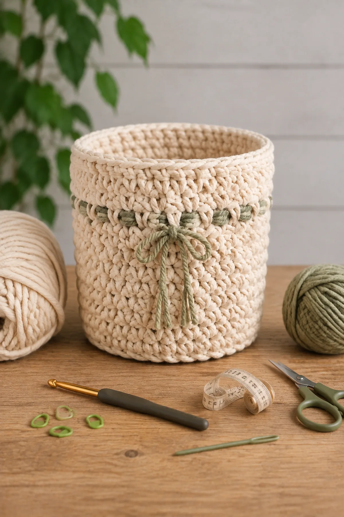 Yarn, crochet hook, stitch markers, yarn needle, tape measure, and scissors for easy crochet chunky plant pot cover for beginners