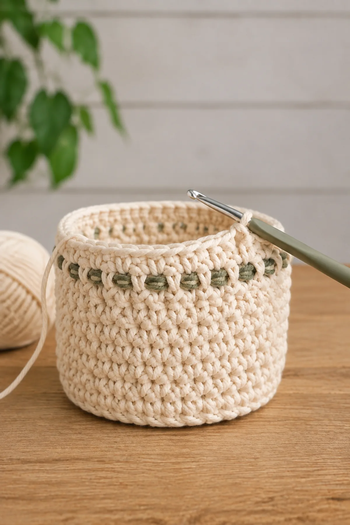 Early crochet construction stage for easy crochet chunky plant pot cover for beginners with working yarn and hook