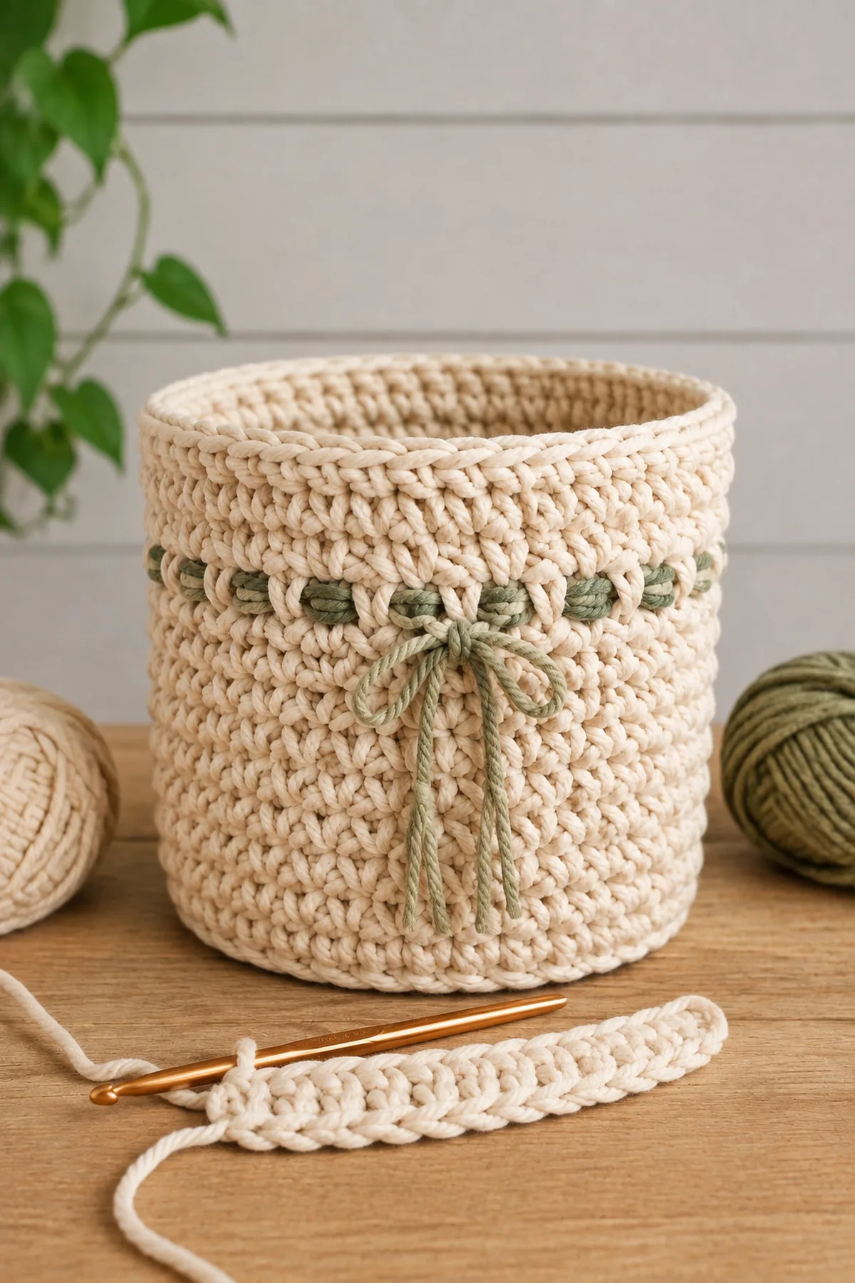 Mid-process crochet construction and shaping for easy crochet chunky plant pot cover for beginners