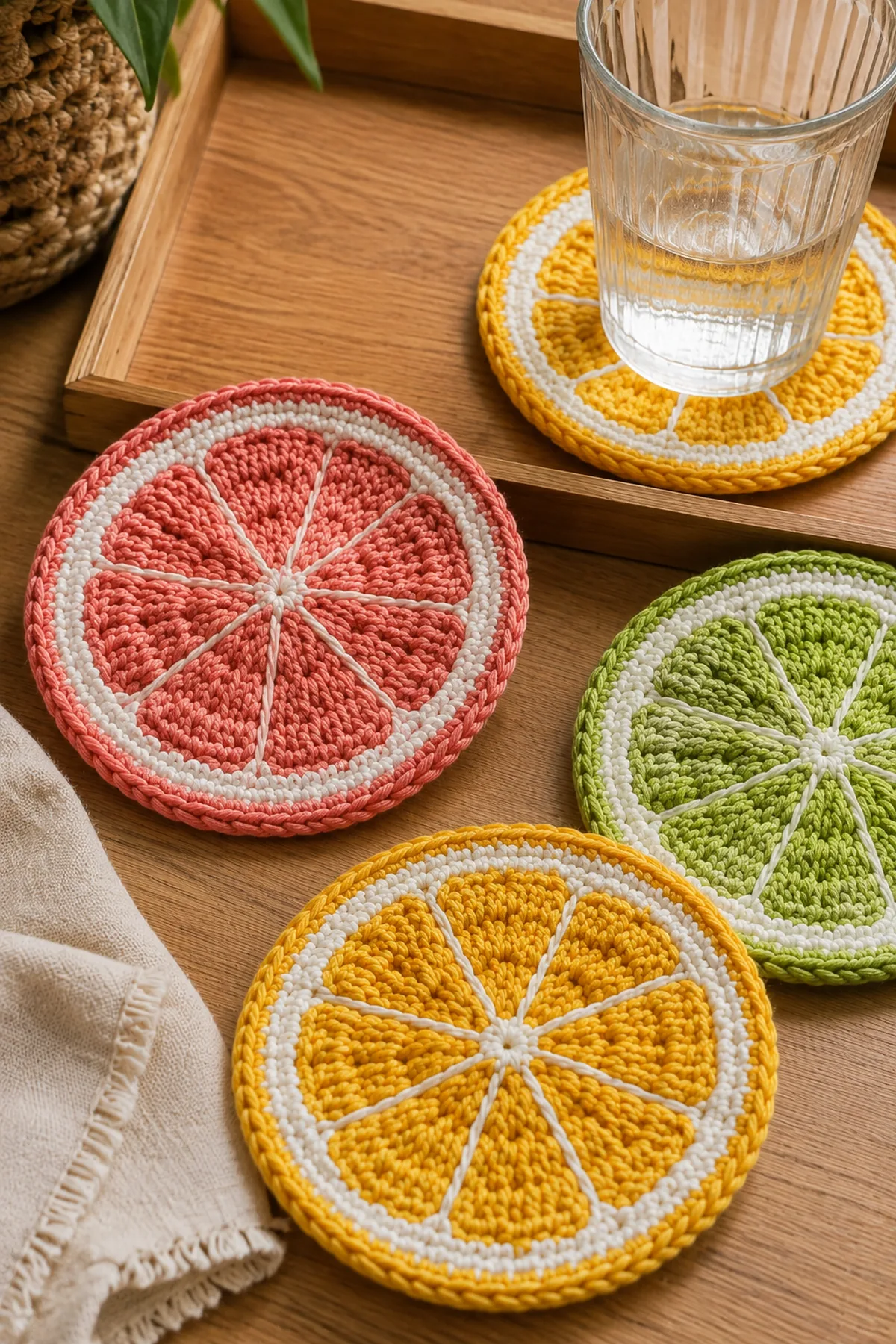 Close-up of the stitch texture and finishing details on easy crochet citrus slice coasters