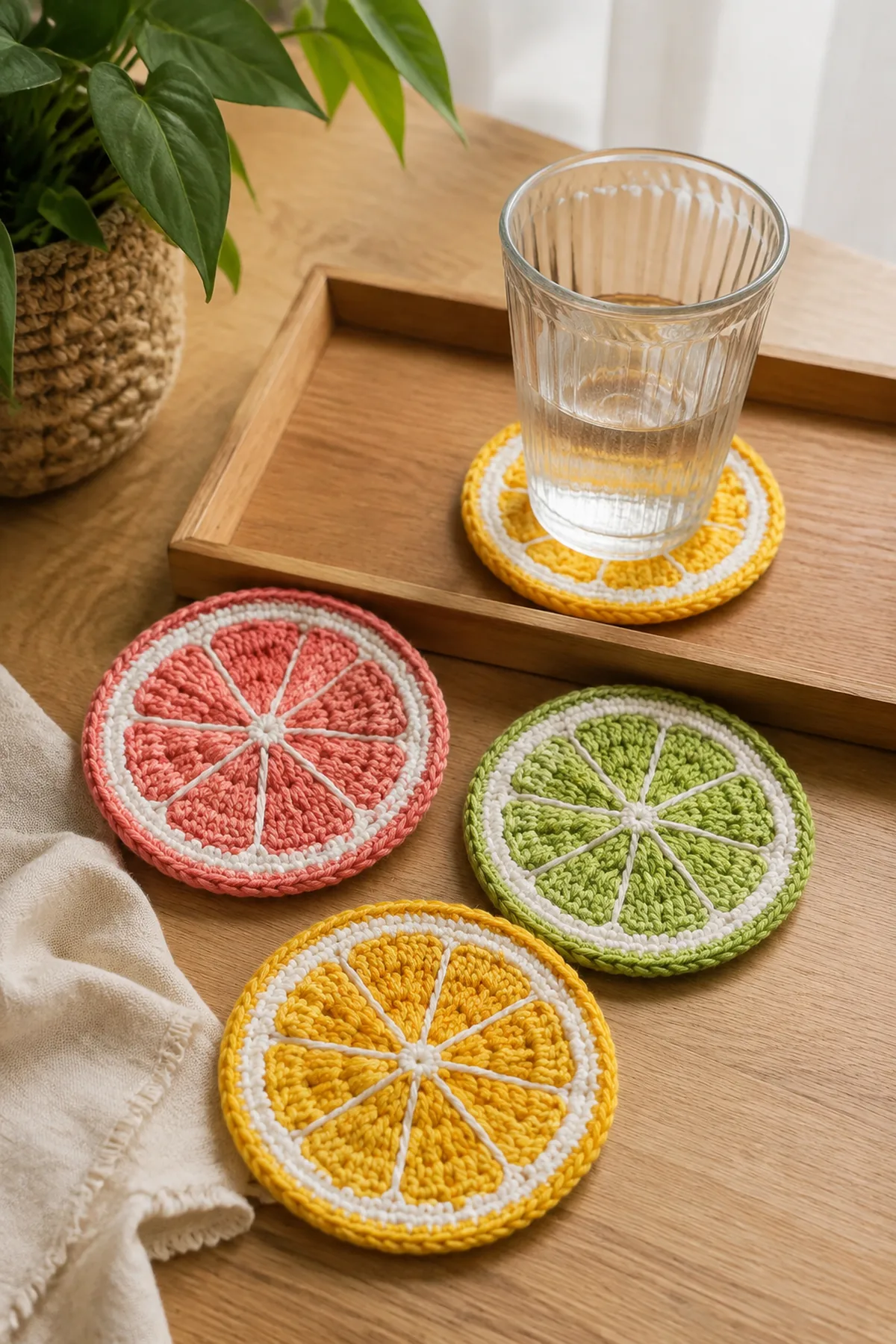 Finished easy crochet citrus slice coasters displayed with a clean handmade finish