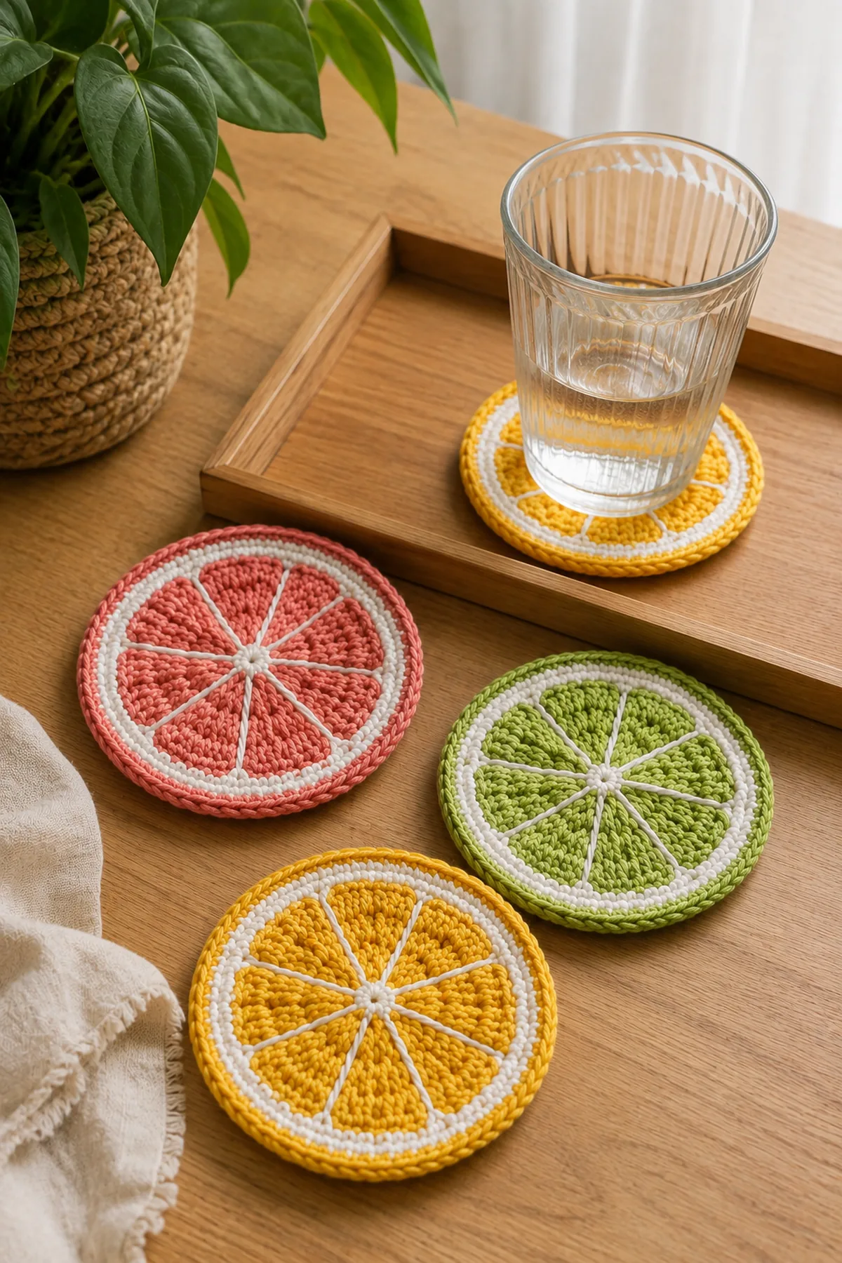 Finished easy crochet citrus slice coasters styled in a bright natural setting