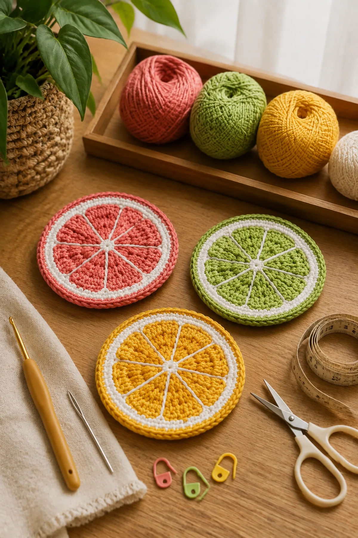 Yarn, crochet hook, stitch markers, yarn needle, tape measure, and scissors for easy crochet citrus slice coasters