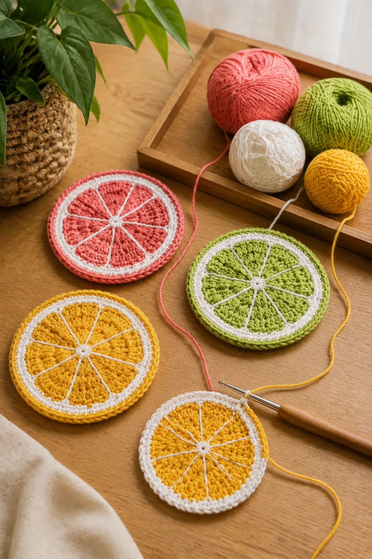 Early crochet construction stage for easy crochet citrus slice coasters with working yarn and hook