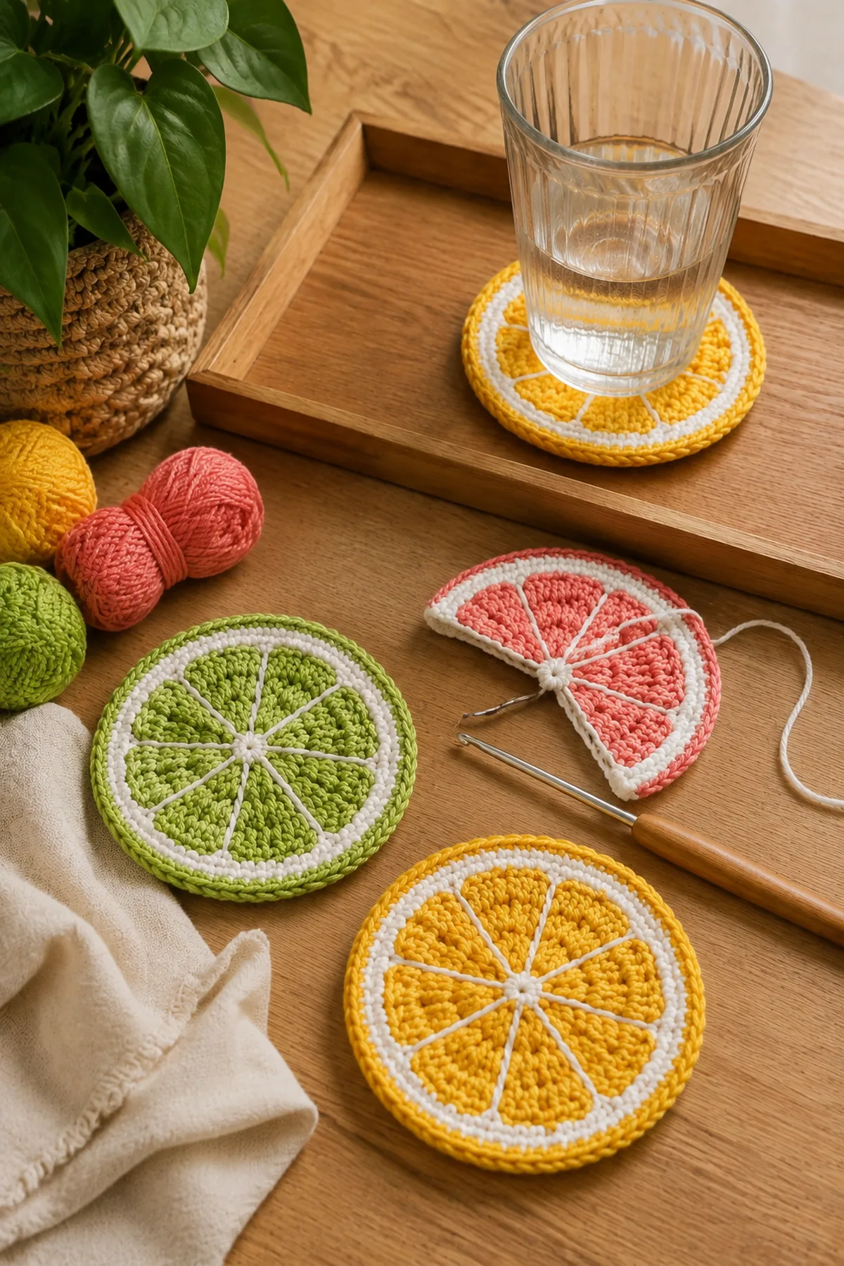 Mid-process crochet construction and shaping for easy crochet citrus slice coasters