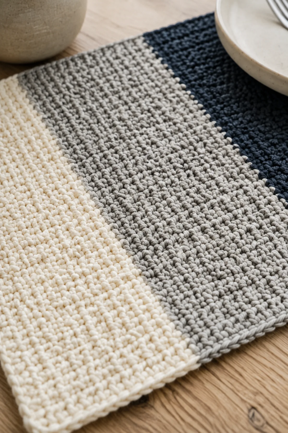 Close-up of the stitch texture and finishing details on easy crochet color block placemat for beginners