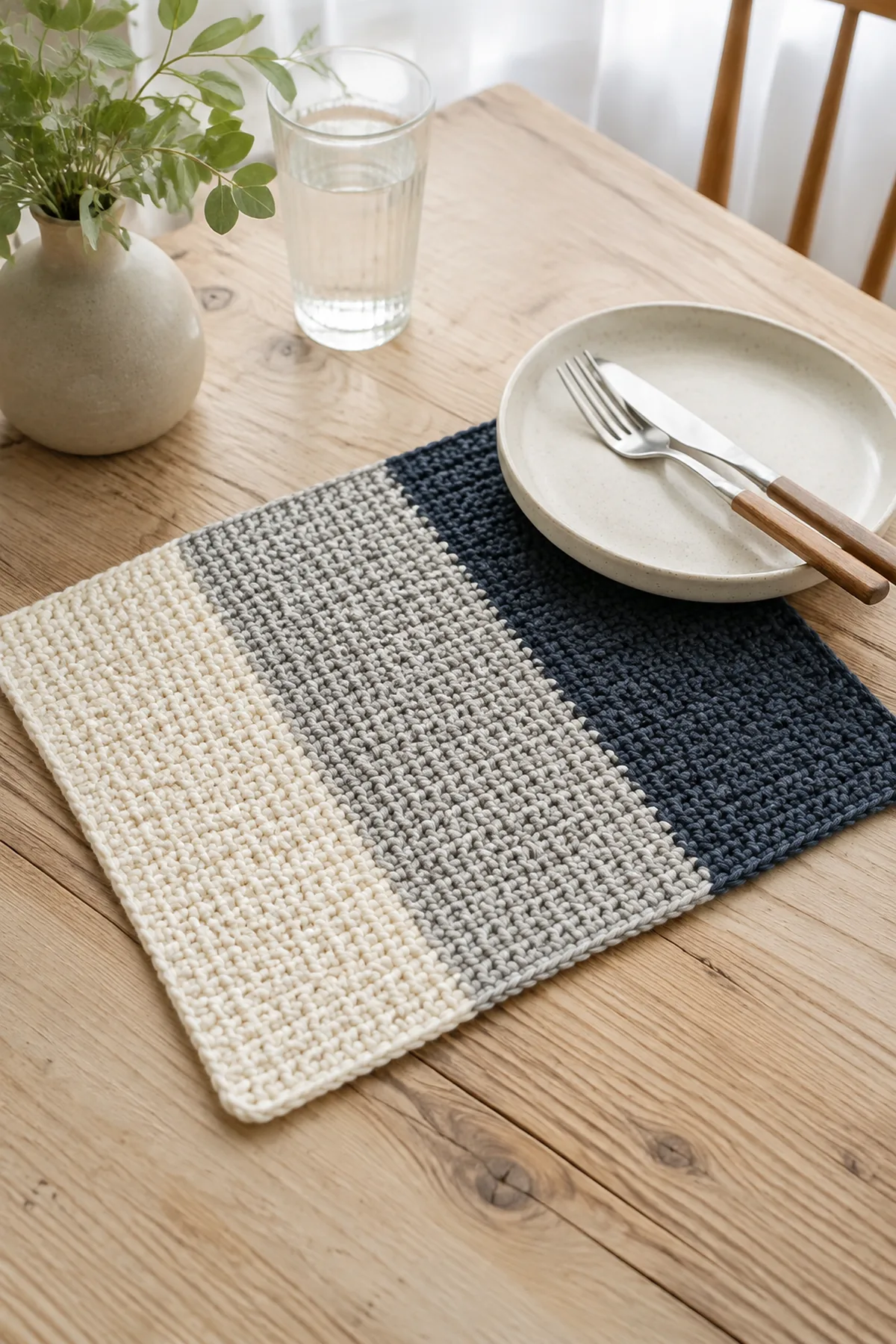 Finished easy crochet color block placemat for beginners displayed with a clean handmade finish
