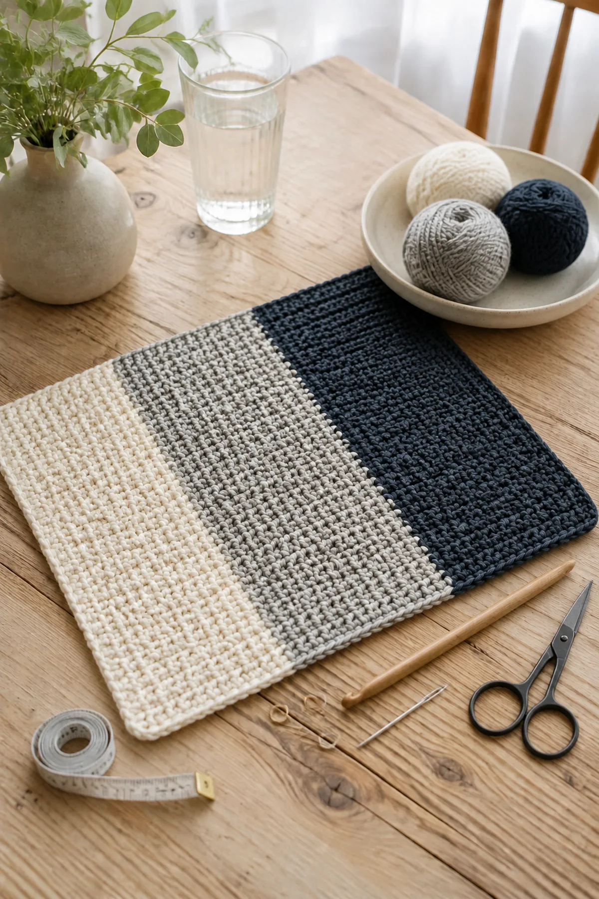 Yarn, crochet hook, stitch markers, yarn needle, tape measure, and scissors for easy crochet color block placemat for beginners