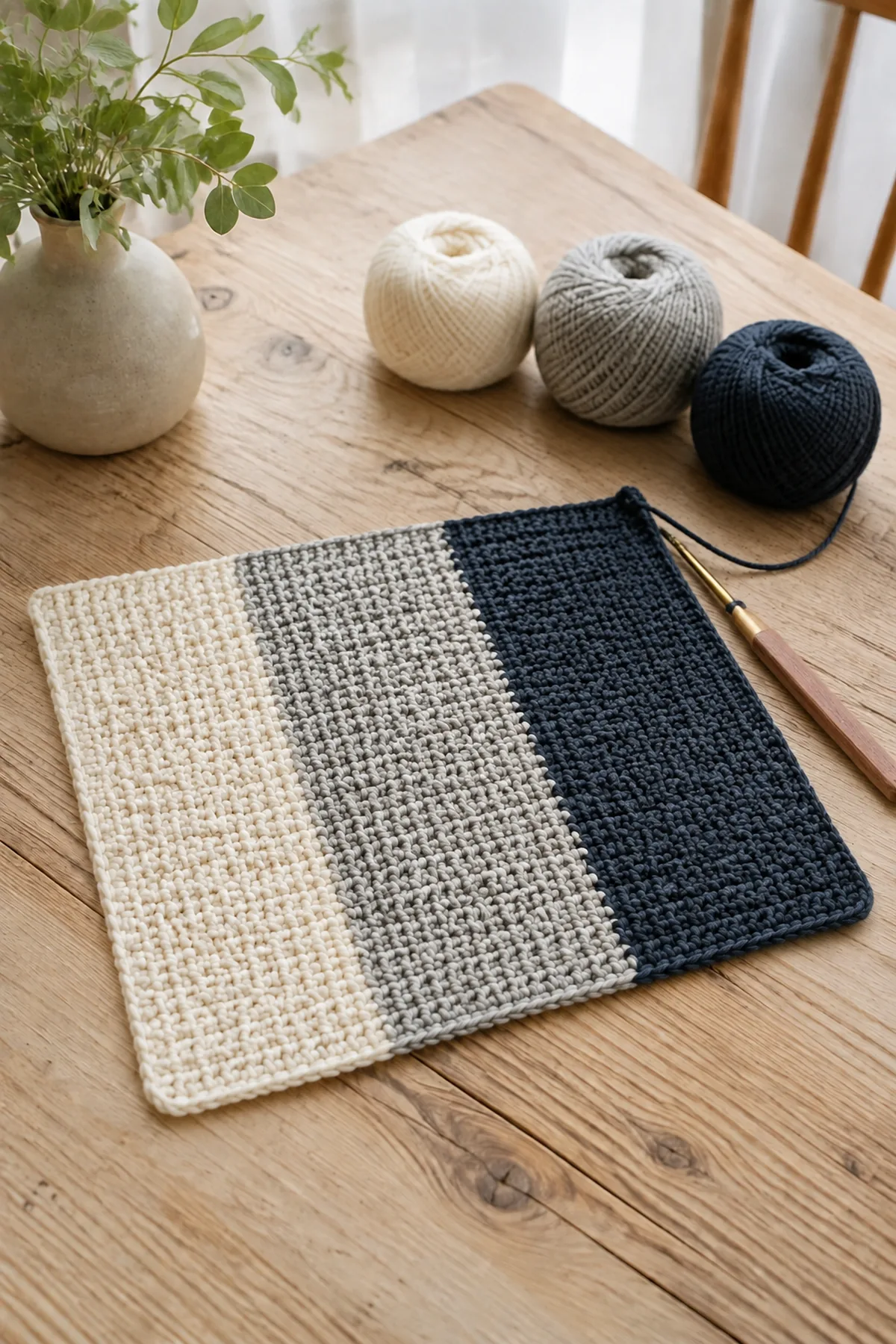 Early crochet construction stage for easy crochet color block placemat for beginners with working yarn and hook