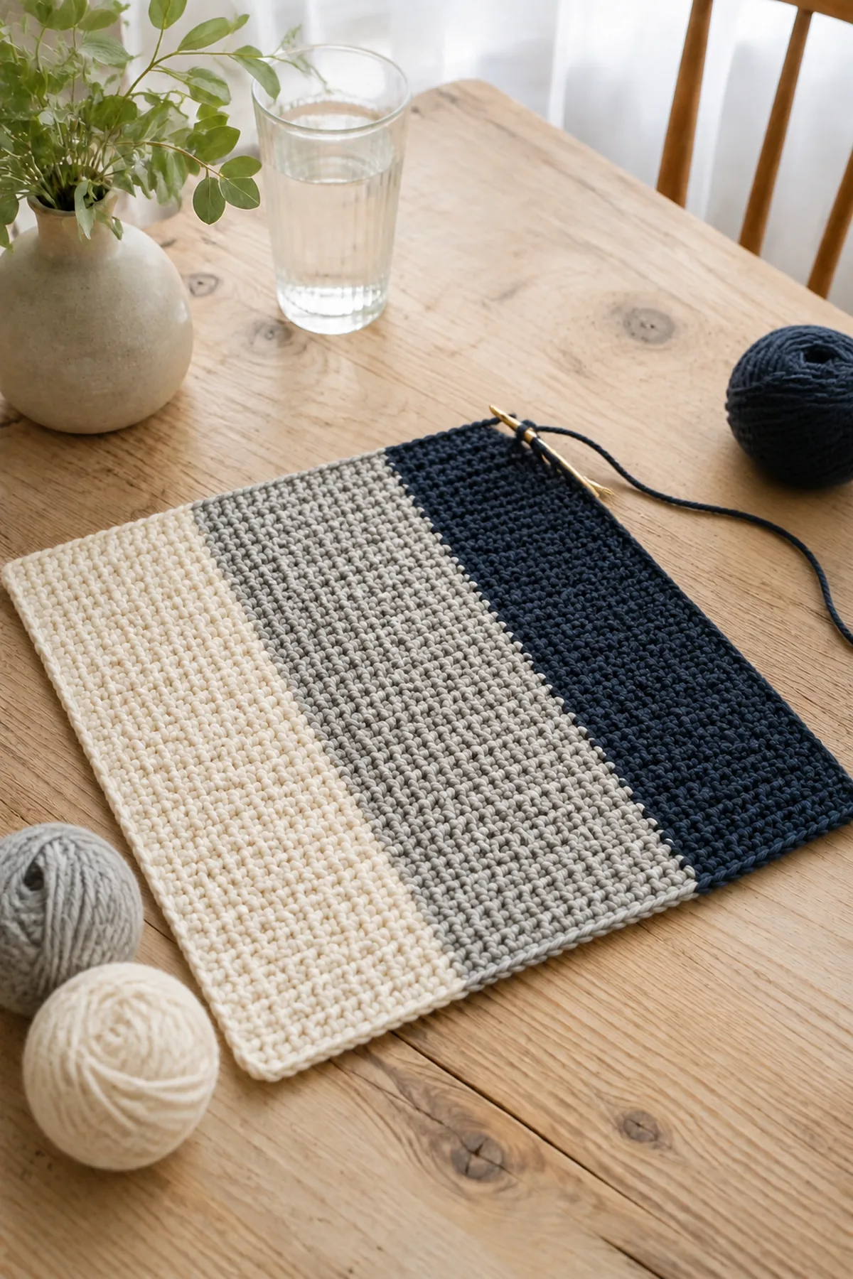 Mid-process crochet construction and shaping for easy crochet color block placemat for beginners