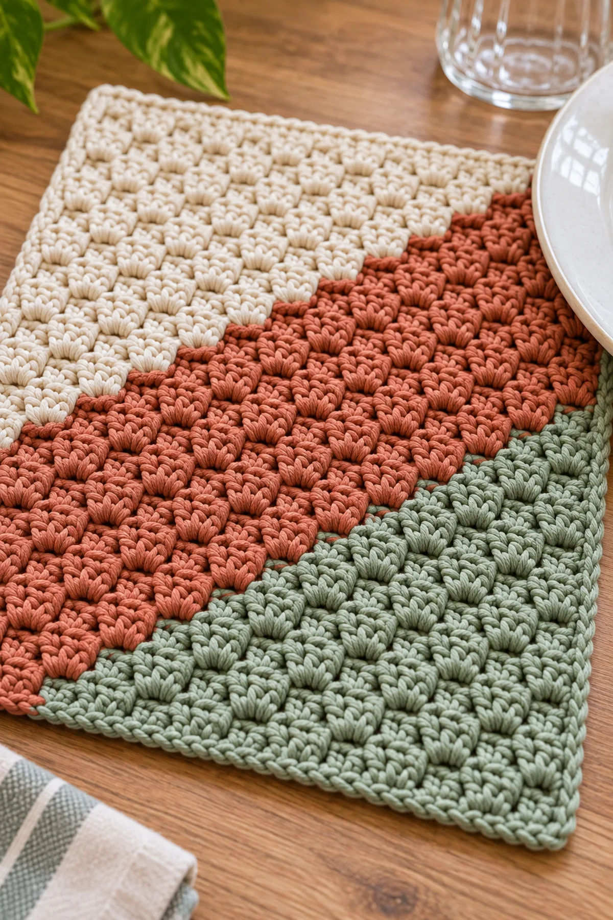 Close-up of stitch texture and finishing details on easy crochet corner-to-corner dish mat
