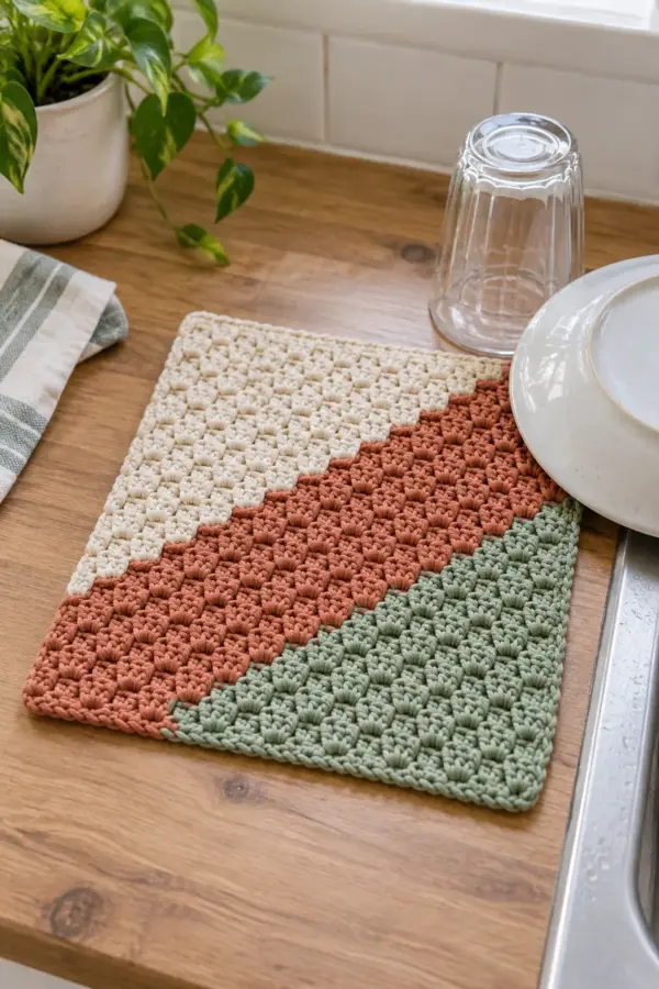 Finished easy crochet corner-to-corner dish mat displayed with a clean handmade finish