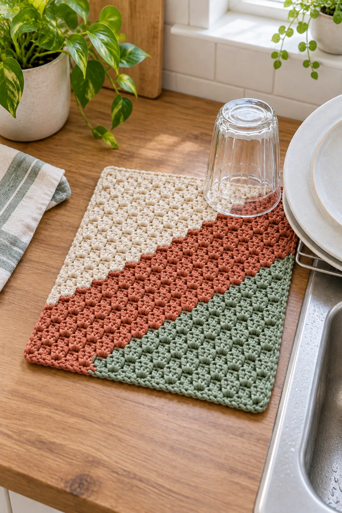 Finished easy crochet corner-to-corner dish mat styled in a bright natural setting