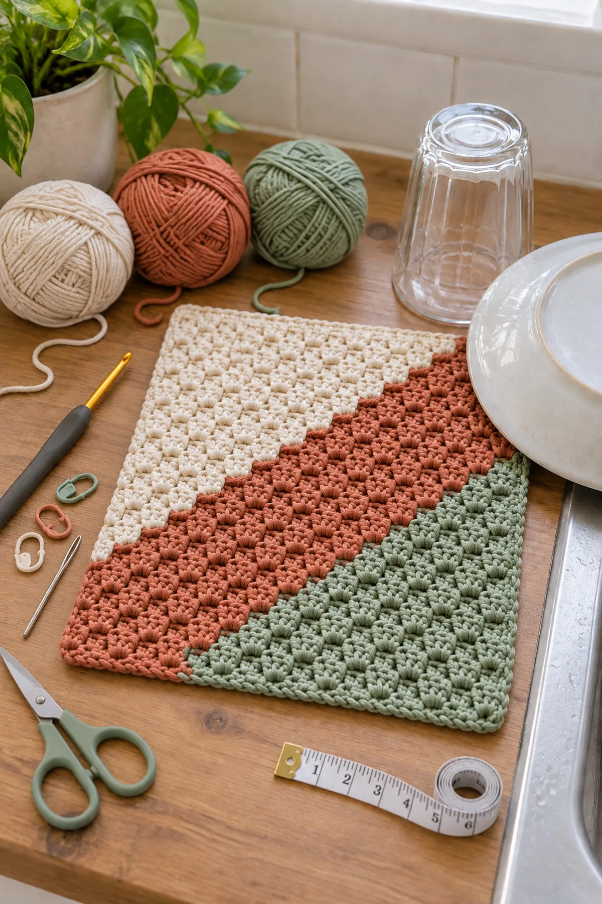 Materials for easy crochet corner-to-corner dish mat including yarn, crochet hook, markers, needle, tape measure, and scissors