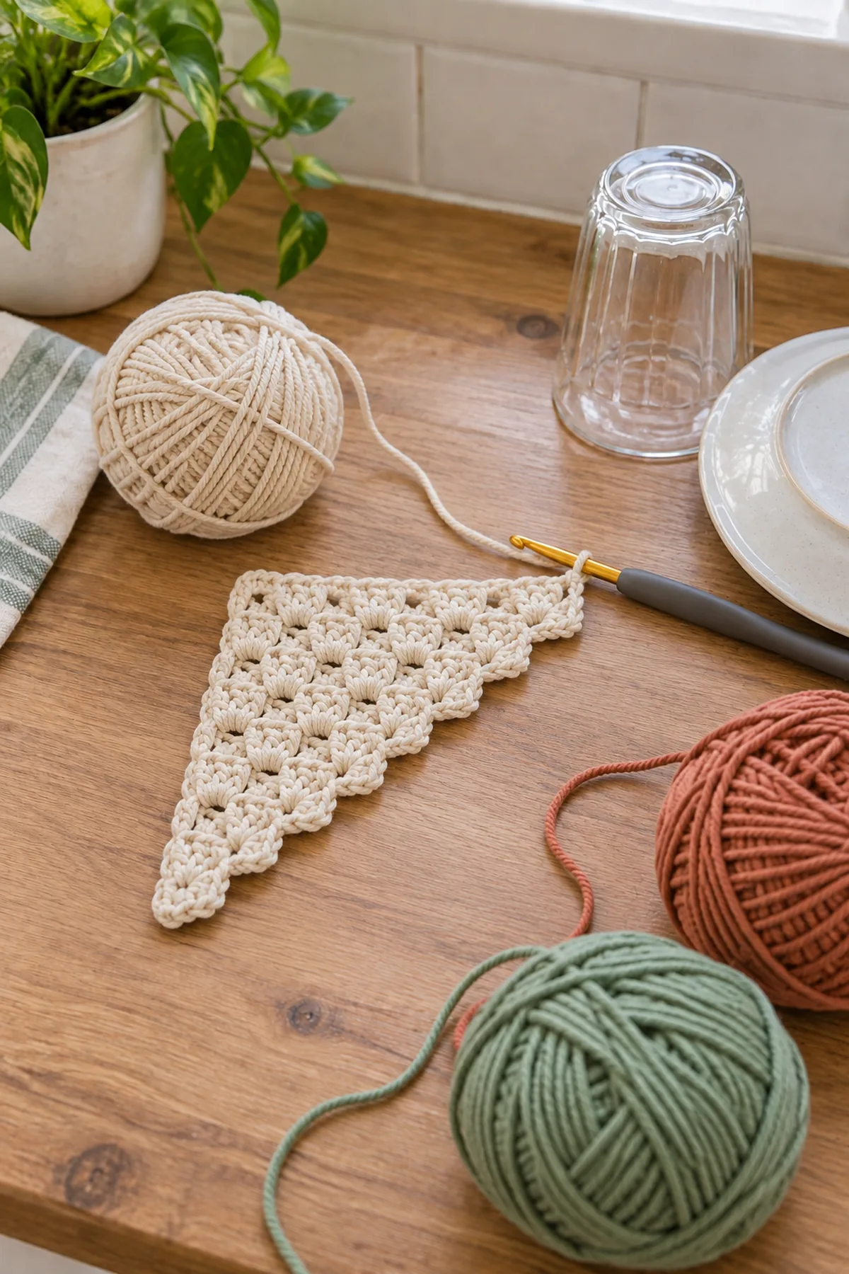 Early crochet construction stage for easy crochet corner-to-corner dish mat with working yarn and hook