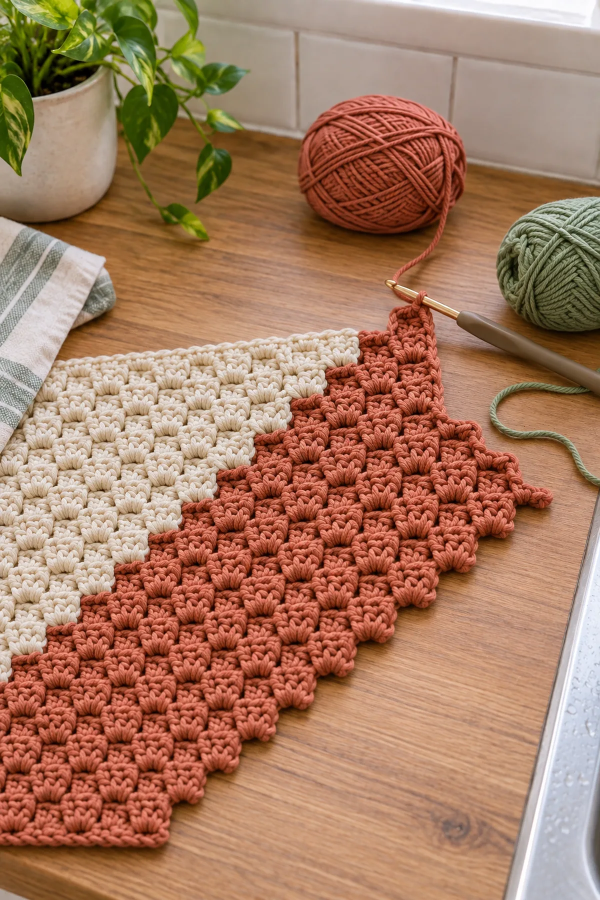 Mid-process crochet construction and shaping for easy crochet corner-to-corner dish mat