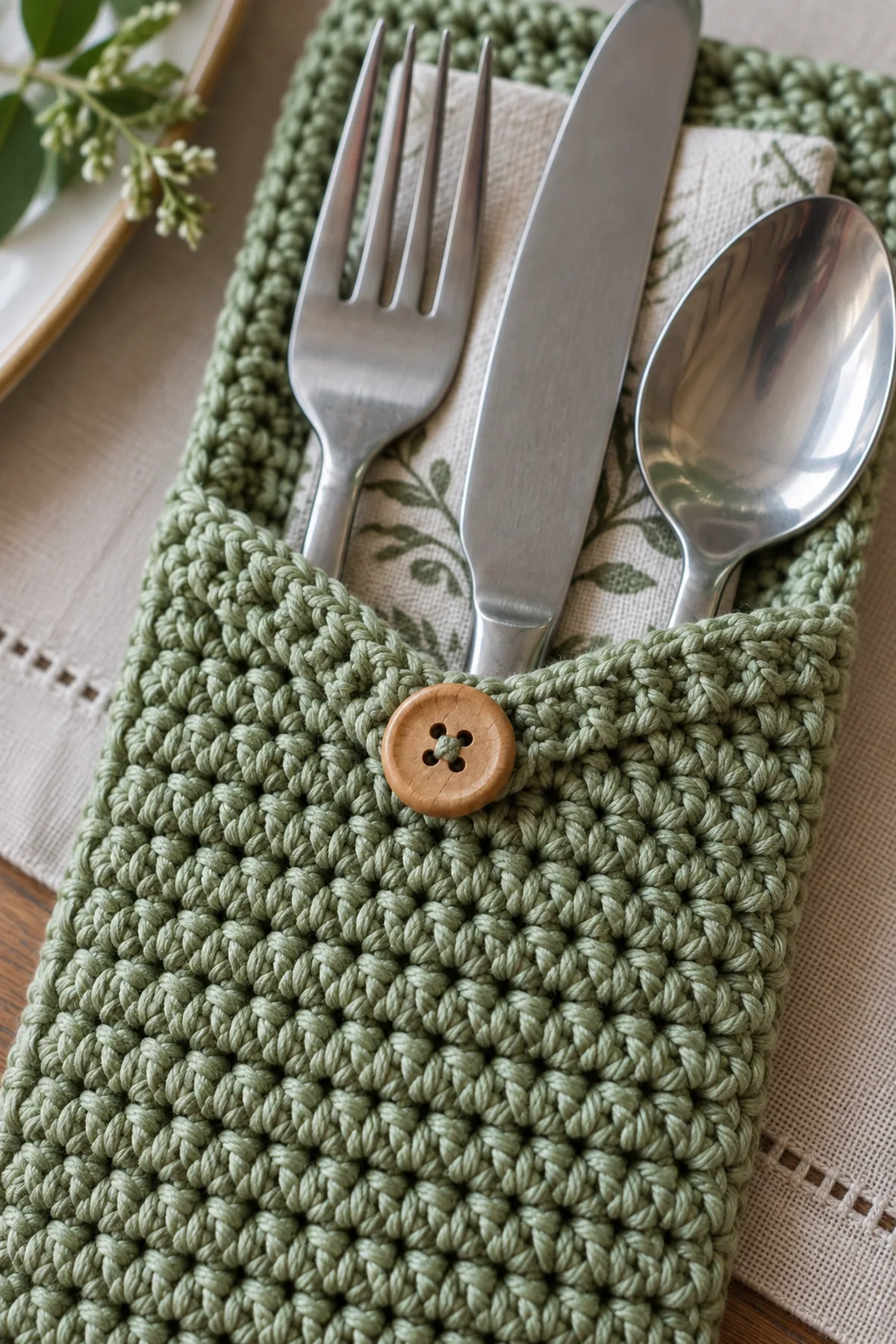 Close-up of the stitch texture and finishing details on easy crochet cutlery pocket for table settings