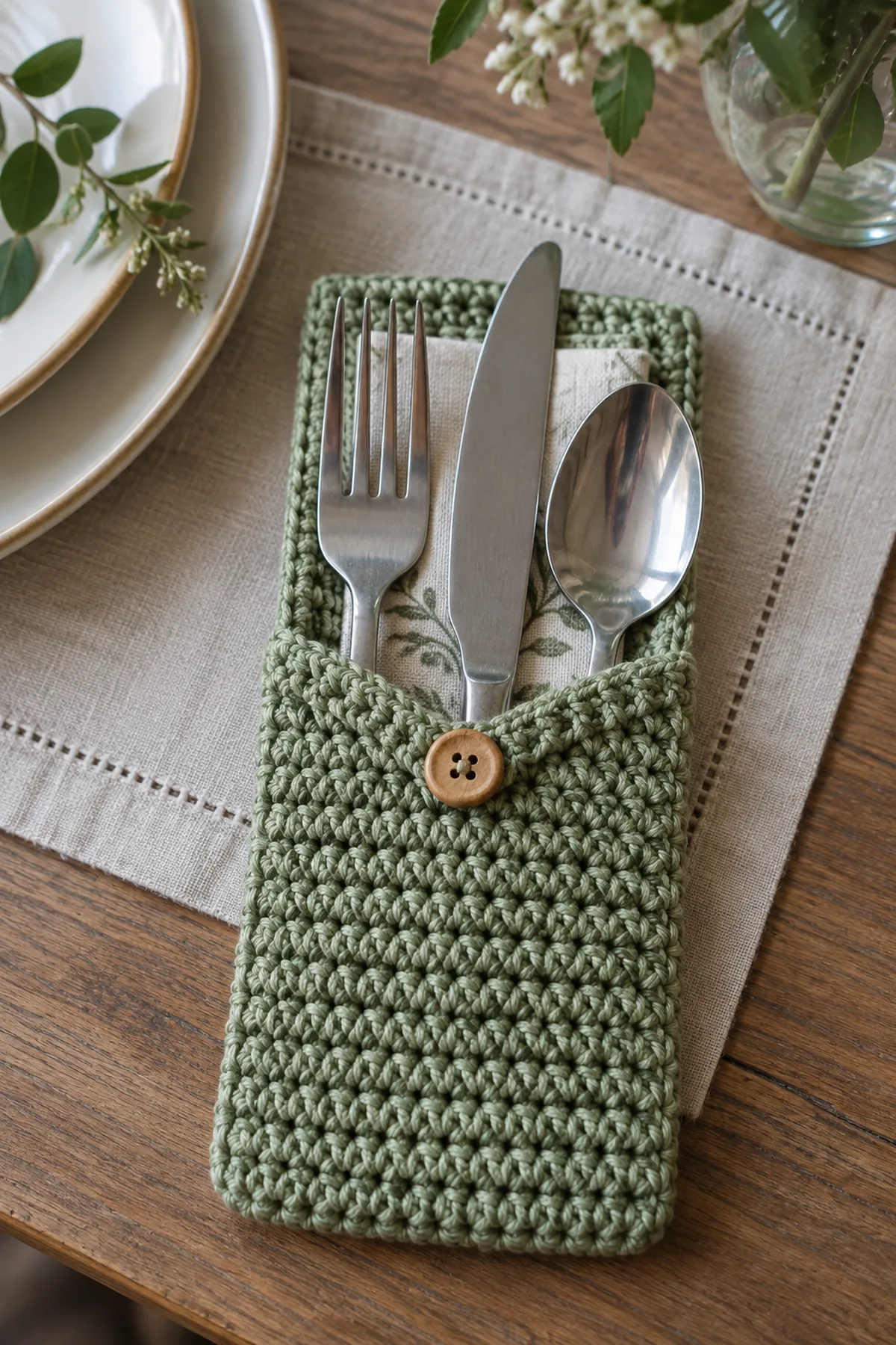 Finished easy crochet cutlery pocket for table settings displayed with a clean handmade finish