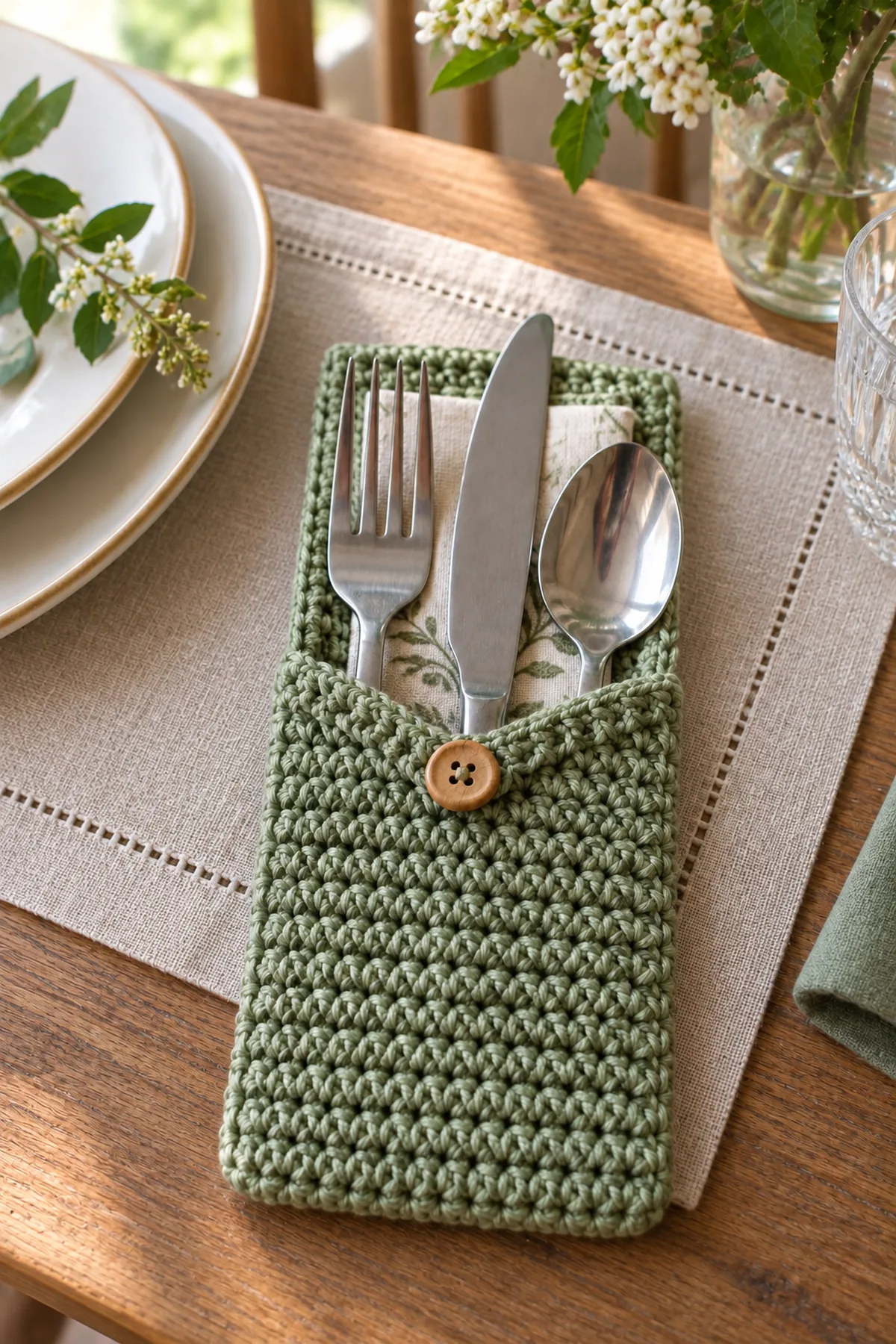 Finished easy crochet cutlery pocket for table settings styled in a bright natural setting
