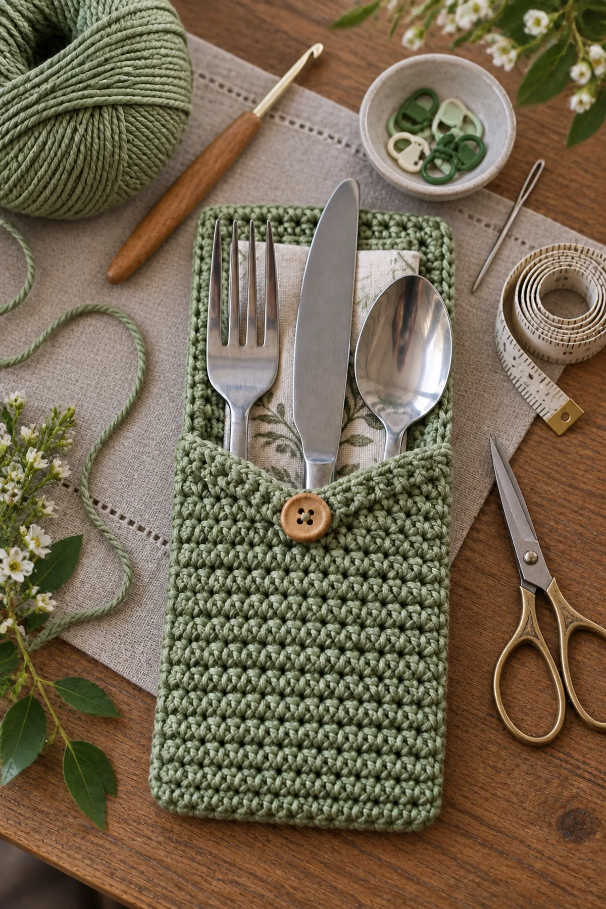 Yarn, crochet hook, stitch markers, yarn needle, tape measure, and scissors for easy crochet cutlery pocket for table settings