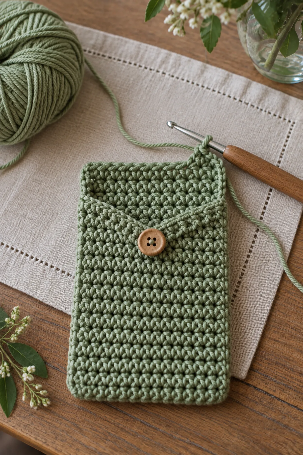 Early crochet construction stage for easy crochet cutlery pocket for table settings with working yarn and hook