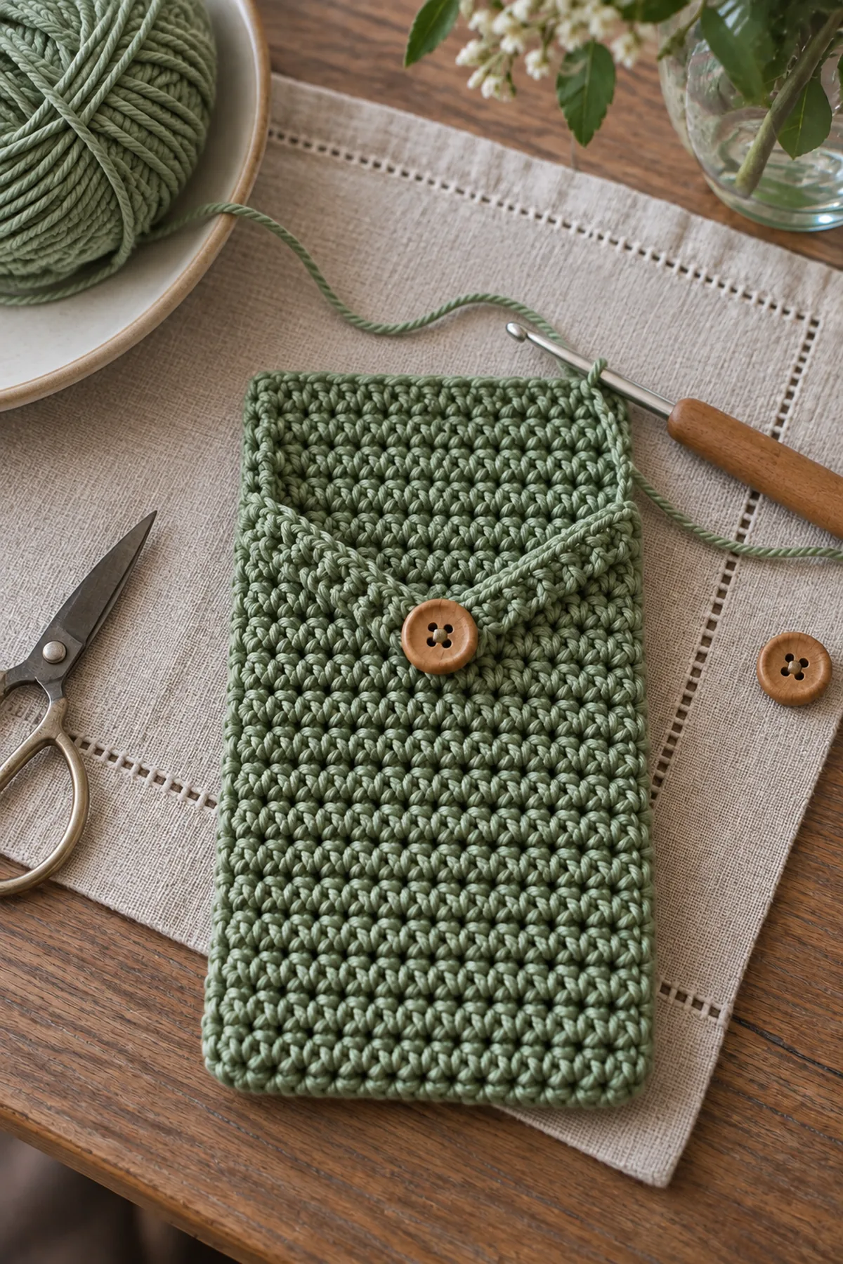 Mid-process crochet construction and shaping for easy crochet cutlery pocket for table settings