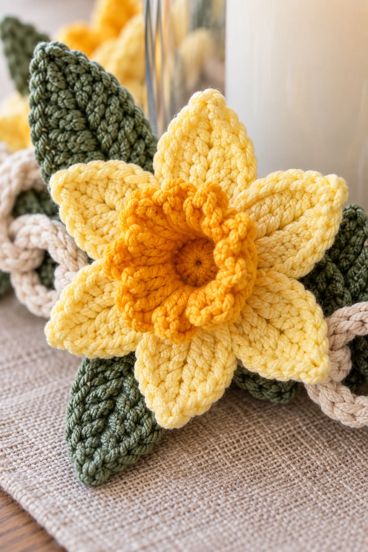 Close-up of dimensional daffodil trumpet petals leaves and cream chain loops