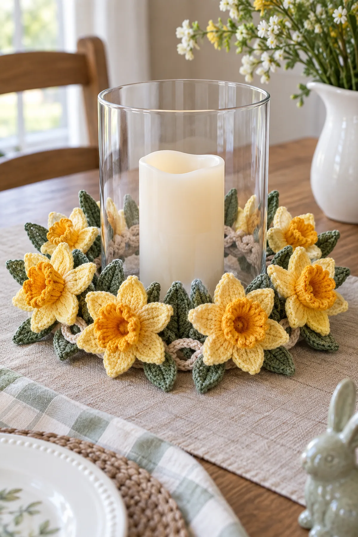 Finished crochet candle ring with eight yellow daffodils sage leaves and cream wreath