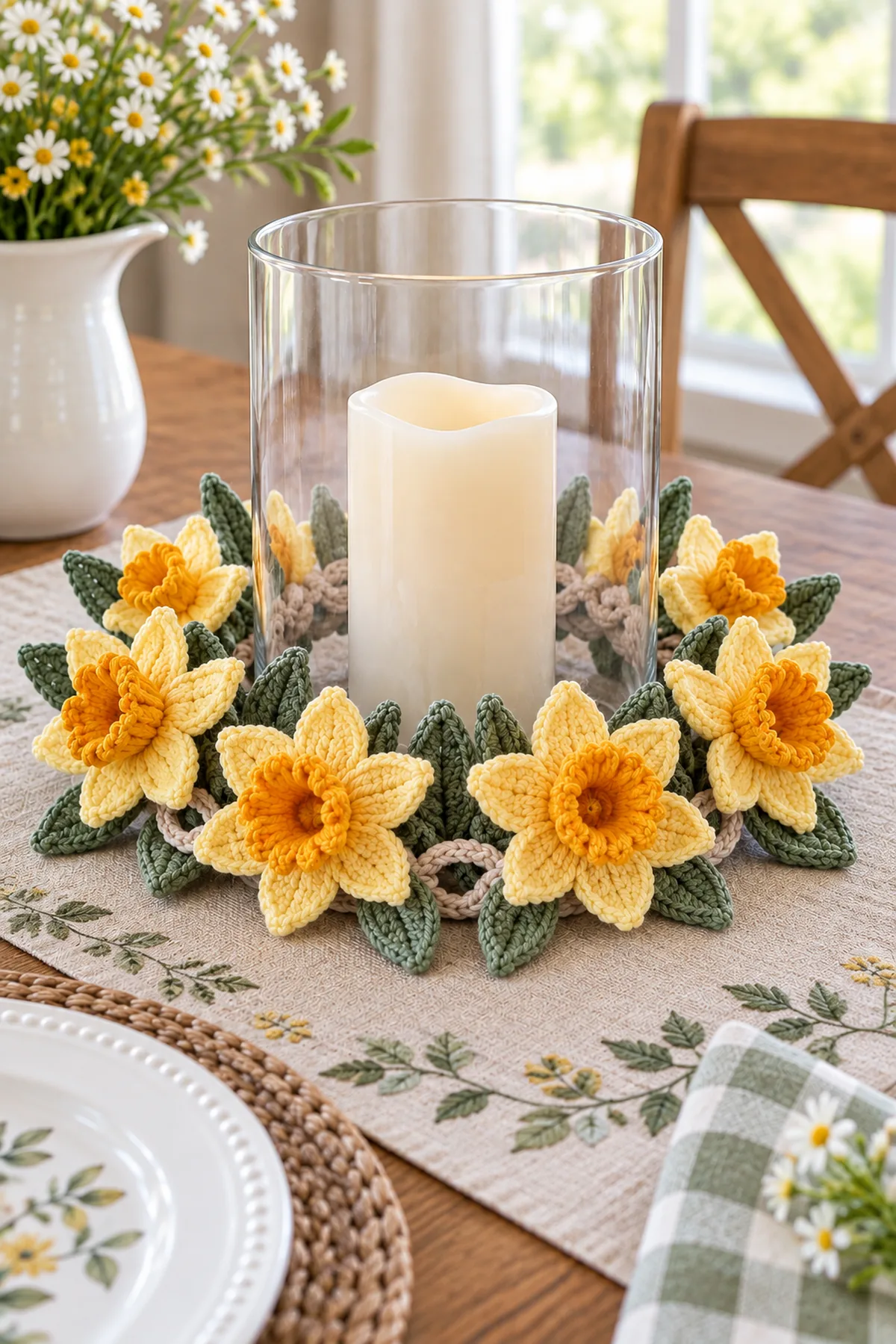 Crochet daffodil candle ring styled around a glass LED candle on a spring table