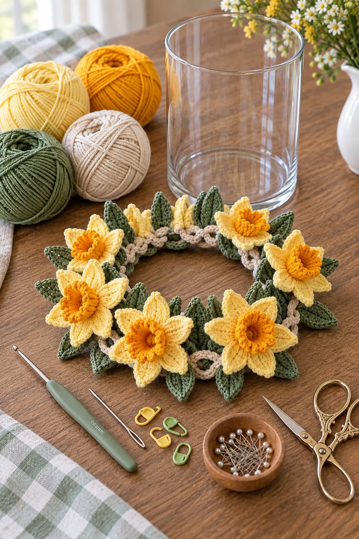 Yellow gold sage and cream sport cotton crochet hook needle scissors and glass hurricane