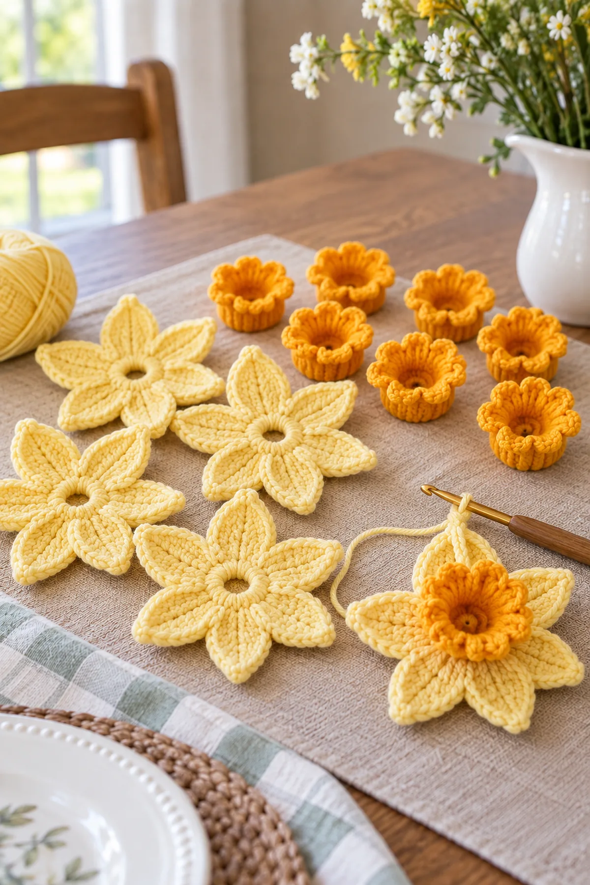 Golden crochet daffodil center with ruffled trumpet after three rounds